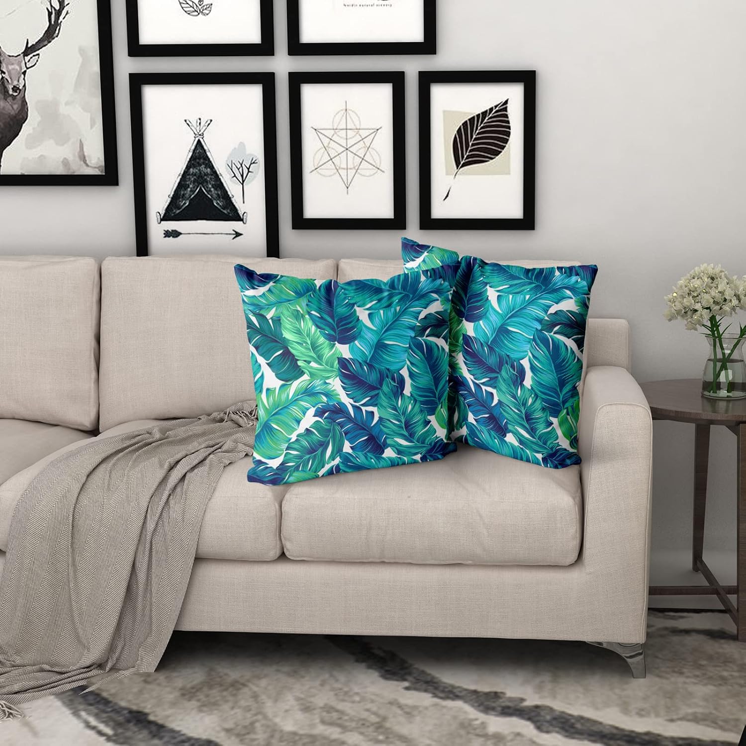 Sweetshow Tropical Leaves Pillow Covers 18x18 Inch Summer Decorative Green Palm Leaf Throw Pillow Covers Set of 2 Soft Cotton Pillow Case Square Cushion Covers for Home Couch Sofa Patio Bedroom - Image 7