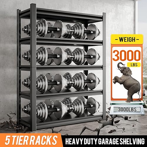 Miniatura 4 de Estantería de garaje de 59 pulgadas de ancho, estantes de almacenamiento de garaje de 3000 libras, estantes de metal ajustables de 5 niveles,
