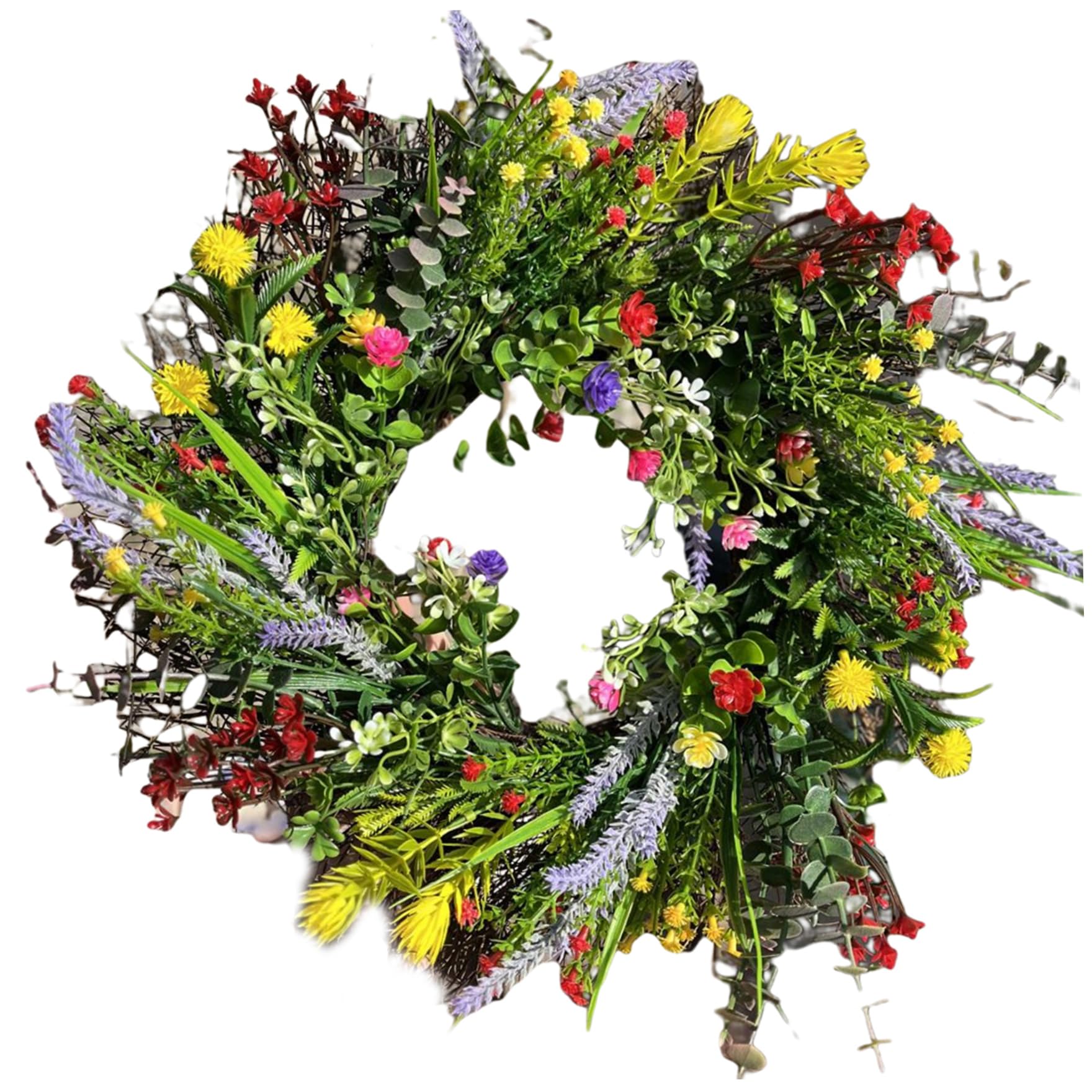 AwnsIMfreien Front Door Wreaths for Summer 17.72 Inch Artificial Wildflower Wreath Hanger for Front Door Flower Garland Decorations for Home Window Wall Wedding Party Decor, Wildflower Wreath