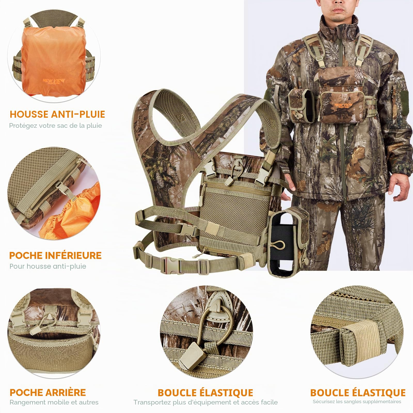 NewView Harnais Binocular avec Sac de télémètre Amovible, Sangle bino réglable et Protection Contre la Pluie - Idéal pour la Chasse, la randonnée et l'observation des Oiseaux - Quiet-M