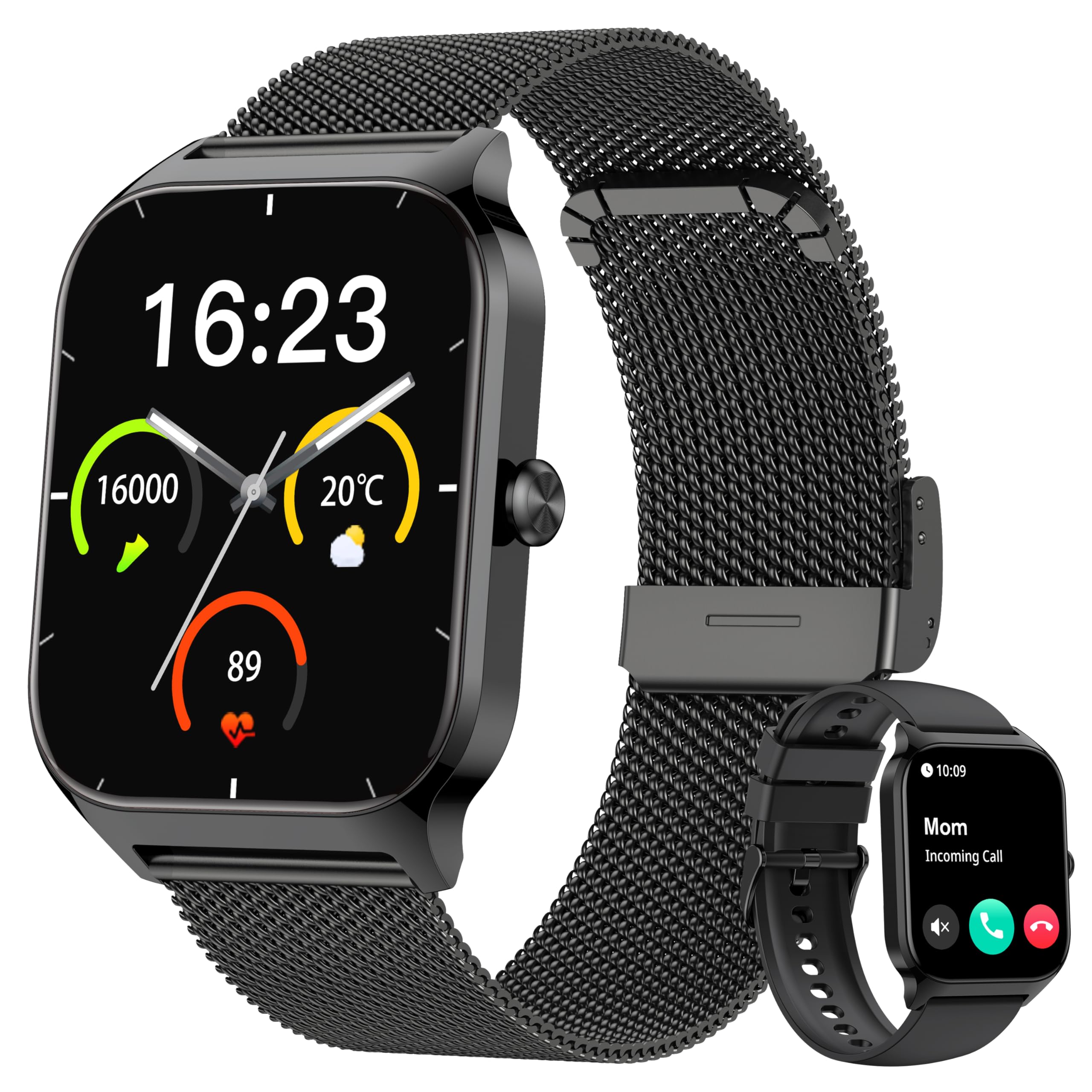 Popglory Smartwatch mit Telefonfunktion Herren Damen, 1,85 HD-Bildschirm Fitnessuhr, Blutdruckmessung Herzfrequenz SpO2 Druck Schlaf Menstruation, 100 + Sportmodi, Weltuhr Rechner Wetter, Android iOS
