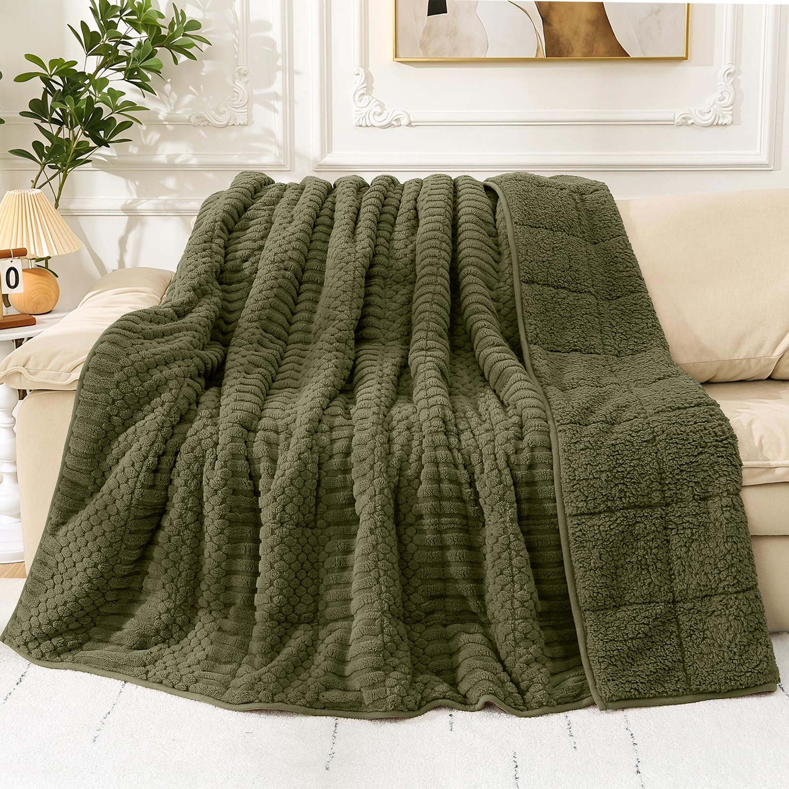 Cottonblue Sherpa Fleece Weighted Blanket 15 lbs for Adults Twin Full Size | Soft Fuzzy Jacquard Heavy Blankets Throw 48"x72" for Sleep Calm Relax, Cozy Warm Knitted Heavy Blanket for Bed Sofa, Green