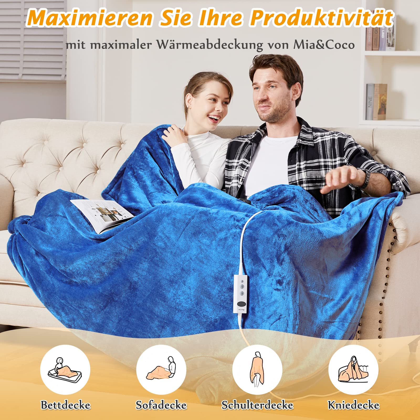Mia&Coco Heizdecke mit Abschaltautomatik, 180x200cm, 10 Heizstufen Up-to-9 Stunden Auto-Off-Timer Überhitzungsschutz, Elektrische Wärmedecke Waschbar, Blau