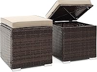 Tangkula 2-Piece Patio Ottomans with Hidden Storage - PE Rattan Side Table, Removable Cushions, Outdoor Seat for Backyard Poolside (Beige)