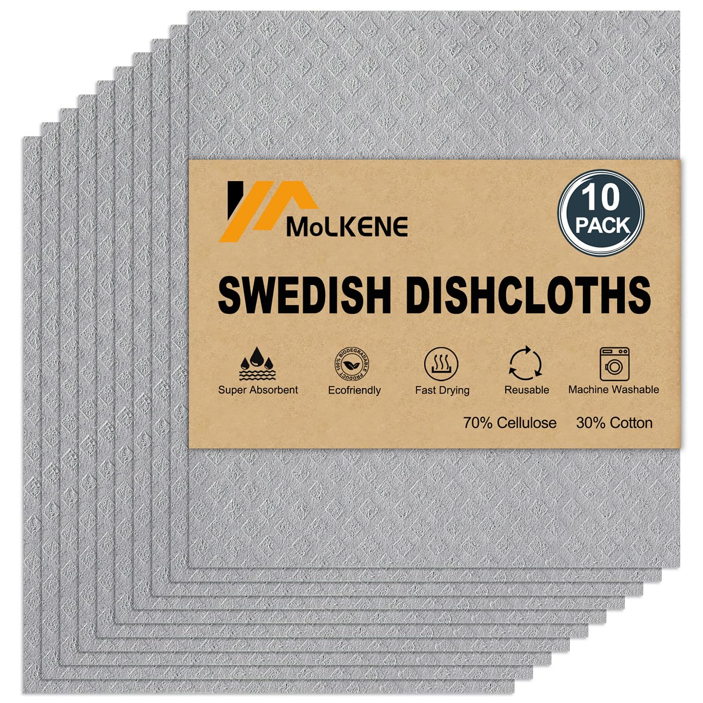 MoLKENE Swedish Dishcloths for Kitchen | 10 Pack Absorbent Cellulose Sponge Cloths Washable | Non-Scratch Reusable Paper Towels Quick Drying Cleaning Rag - Grey