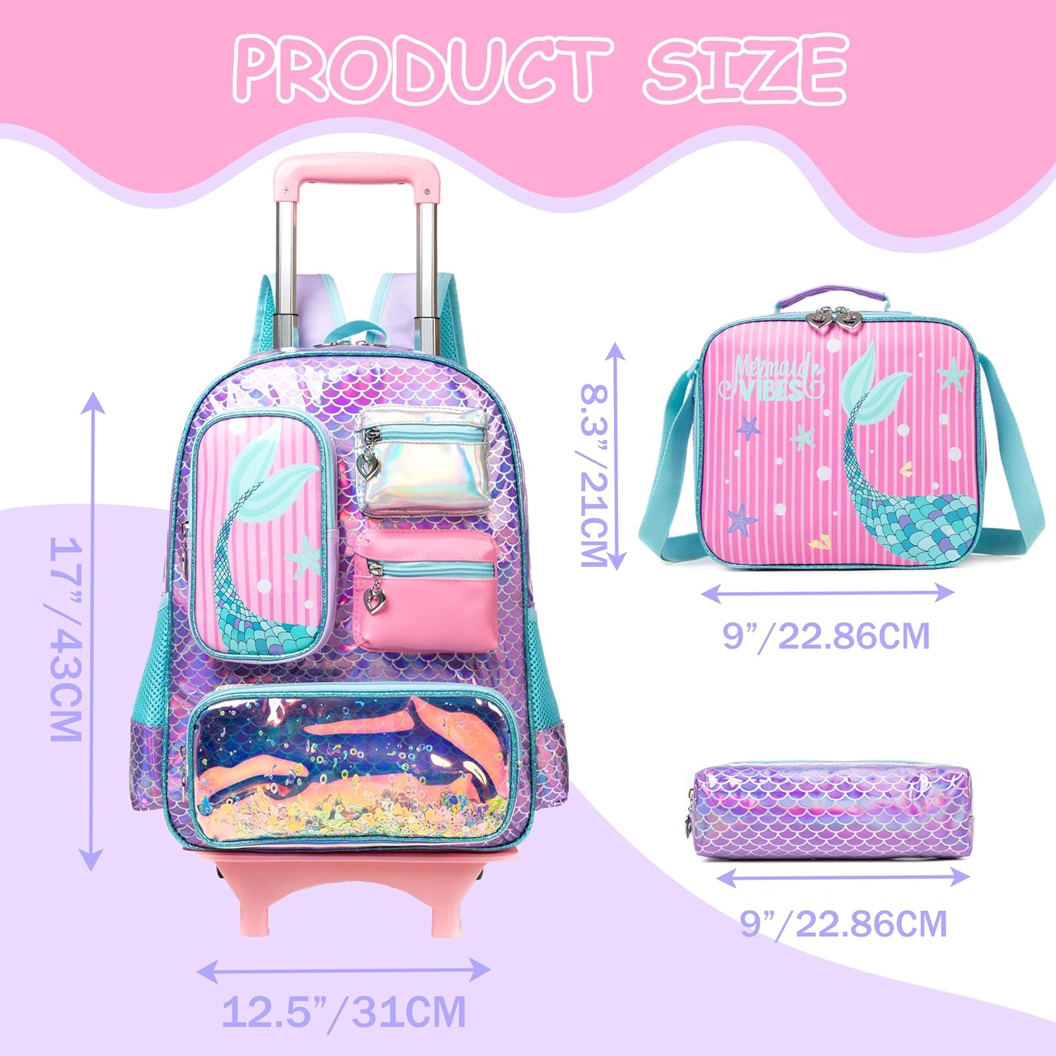 Rolling Backpack for Girls Backpack with Wheels Girls Backpack with Lunch Box Set Kids Suitcase for Girls Rolling school bag with Wheels Rolling Bookbags with Lunch Box Set