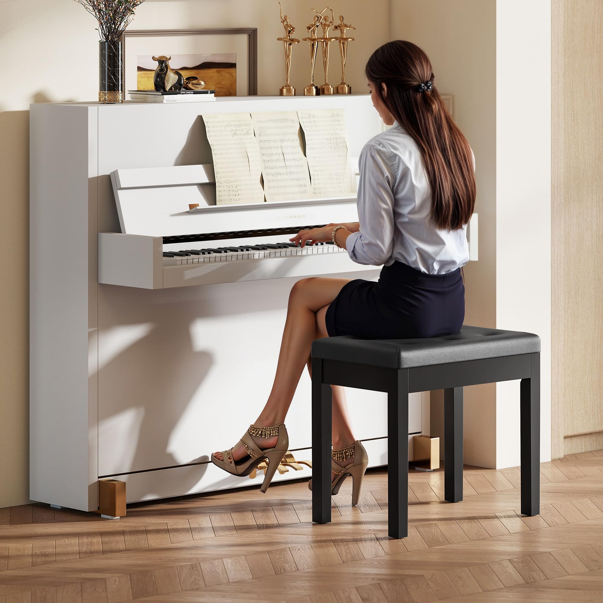 HOMCOM Banc de piano avec espace de rangement, pieds en bois et cuir synthétique, noir, 55 x 34 x 50 cm