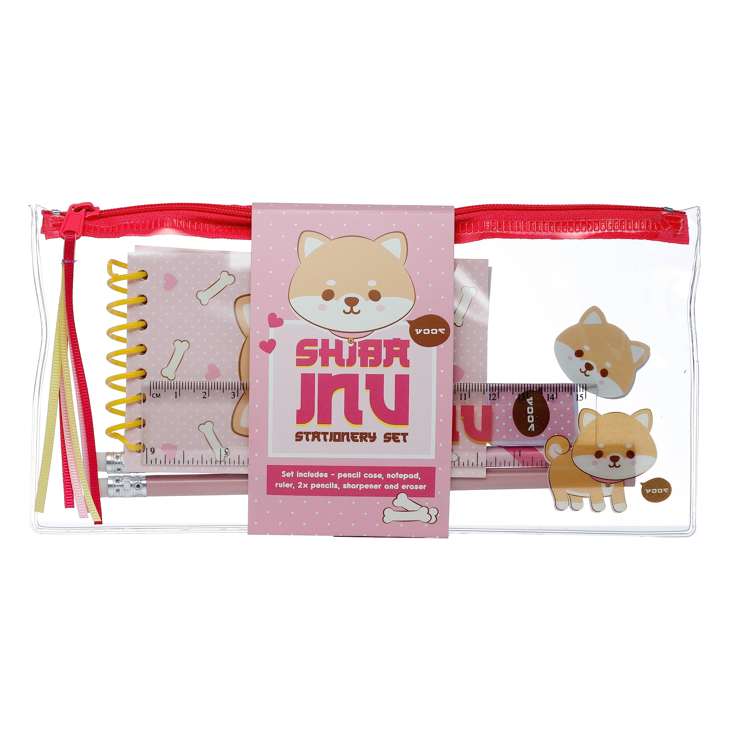 Puckator Adoramals Pets Shiba Inu Dog 7 Piece Clear Pencil Case Stationery Set - Pencil Case with Stationery Included - Maths Set - Exam Gifts - Girls Gift Age 6 & Over - Clear Exam Pencil Case