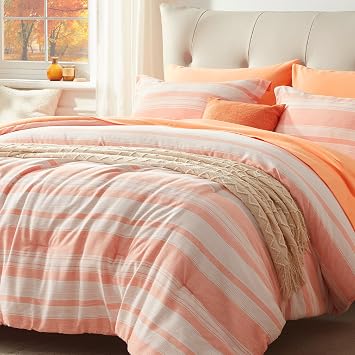 UNILIBRA Orange Queen Size Comforter Set, 7 Pieces Bed in a Bag Striped, Lightweight Cationic Dyeing Bedding Sets for All Seasons with Comforter, Flat Sheet, Fitted Sheet, Pillow Shams, Pillowcases