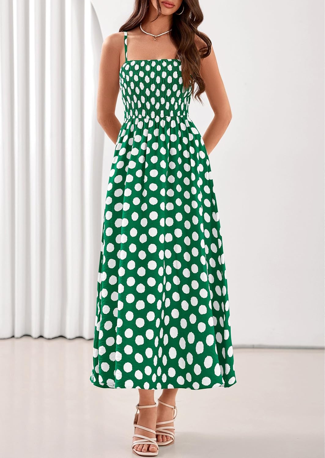 PRETTYGARDEN Womens Polka Dot Dress 2026 Summer Sleeveless Spaghetti Straps Smocked Sun Dress Flowy Spring Beach Midi Dresses - Image 2