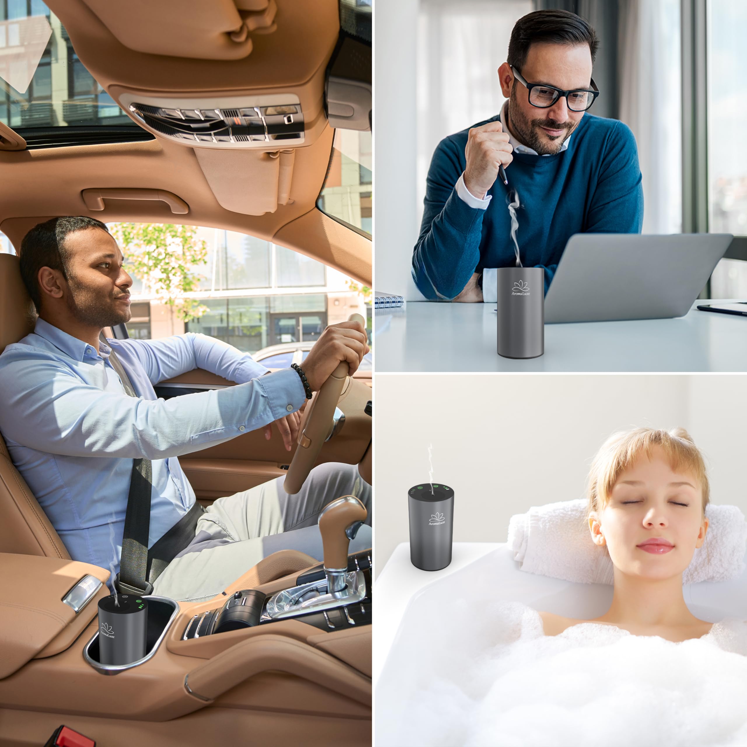 AromaLuxe - Diffusore Oli Essenziali Senza Fili a Batteria Ricaricabile USB-C, Senza Acqua, Ideale per Auto, Robusto in Alluminio, Intensità e Timer regolabile, Grigio