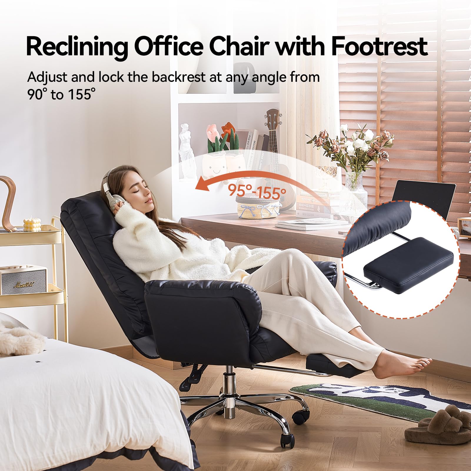 EMIAH Sedia da Ufficio con braccioli ribaltabili, Criss Cross Poltrona Reclinabile da Scrivania in Pelle PU, Sedie Moderne per Vanità con Ruote, Ergonomica Sedia da Computer con Poggiapiedi, Nero