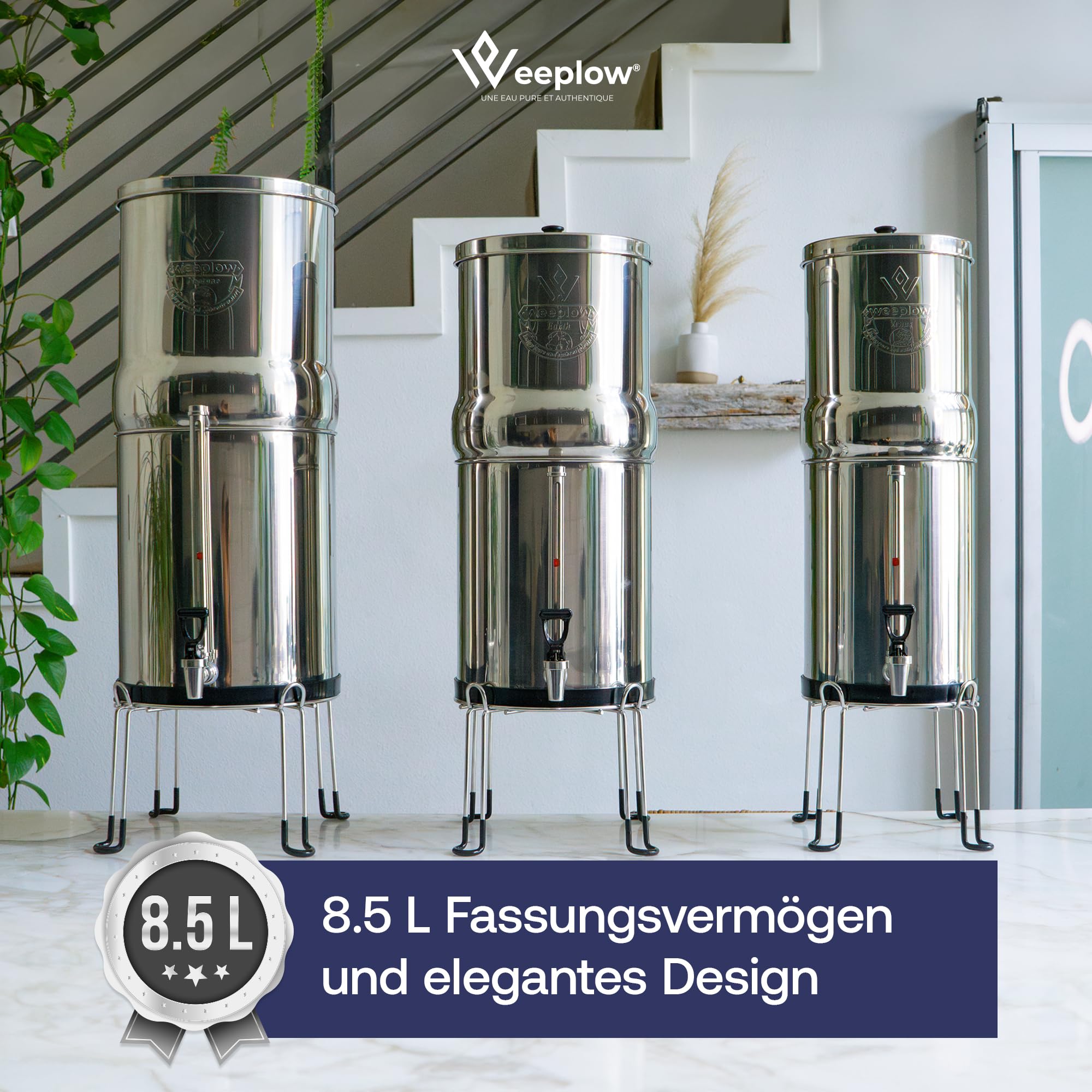 Weeplow® Earth – Schwerkraft-Wasserfiltrationssystem 8,5 Liter AISI 304 mit 2 O'Pure 2 Reinigungselementen, Wasserhahn mit Wasserwaage und kostenloser Edelstahlhalterung