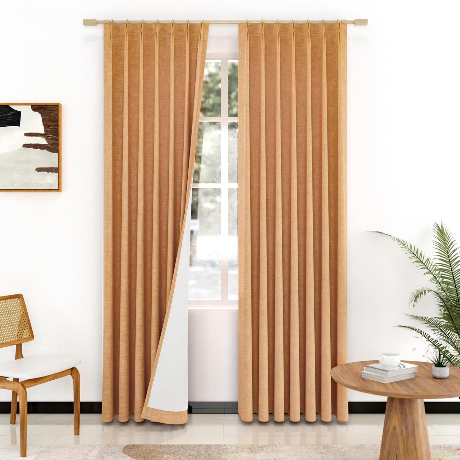 IVAPUPU Thick Linen Blend Pinch Pleated Blackout Curtains for Bedroom - 2 Pages Black Out Gold Curtains 63 Inch Long 2 Panel for Living Room Darkening Thermal Window Curtain Drapes with 16pc Hooks Gold 40"W x 63"L (Pack of 2)