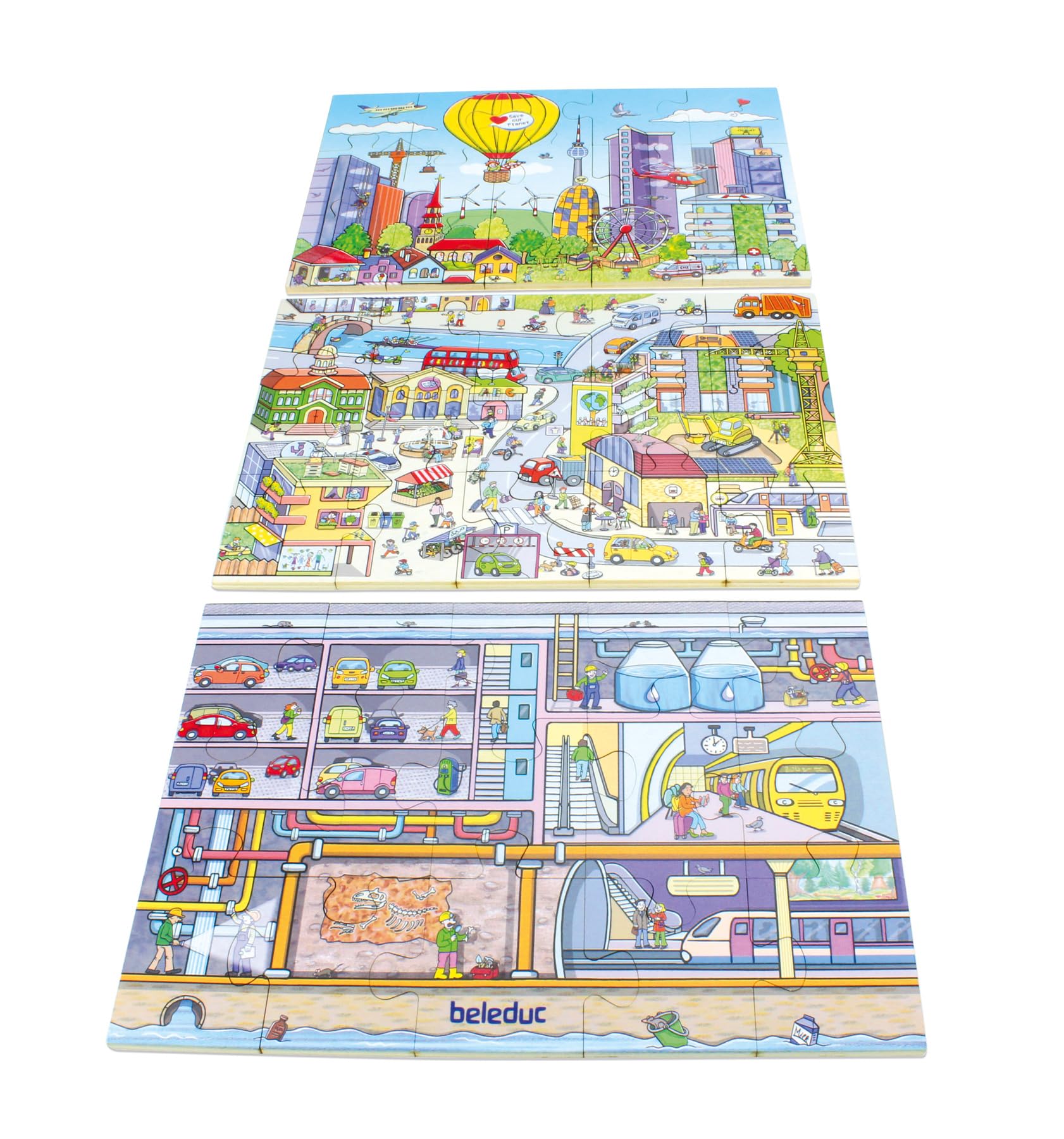 Beleduc Bodenpuzzle Stadtleben XL – 45 Teile – Großes Kinderpuzzle ab 3 Jahren – Stadt und Verkehr Lernpuzzle – 92 x 92 cm – 3 Puzzle Werden zu 1 XL Puzzle - Wimmelbild