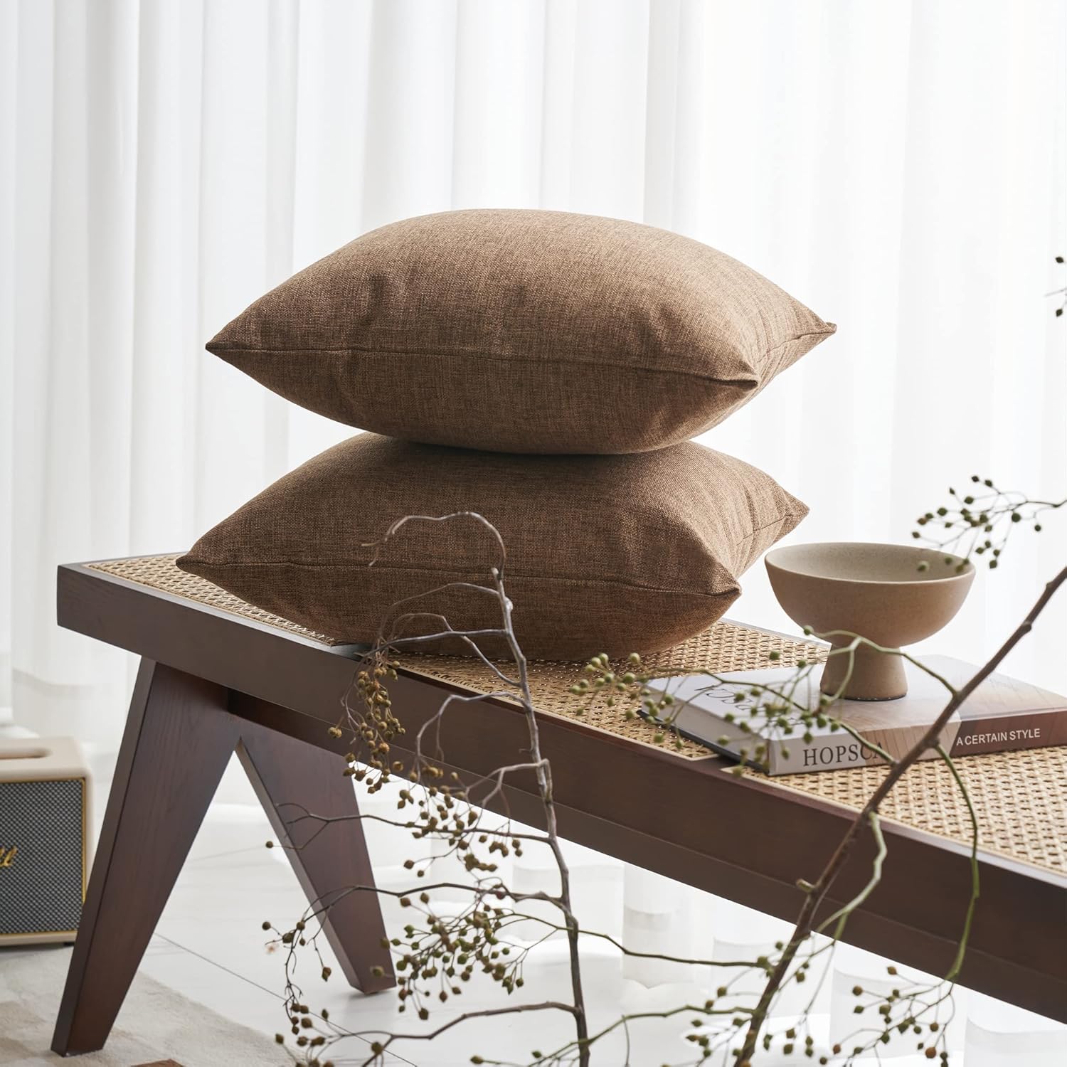 Demetex 24x24 Brown Pillow Covers Set of 2 Modern Linen Throw Pillows Square Decorative Pillowcases for Living Room Bedroom Sofa Couch, 24 x 24 inch, Brown