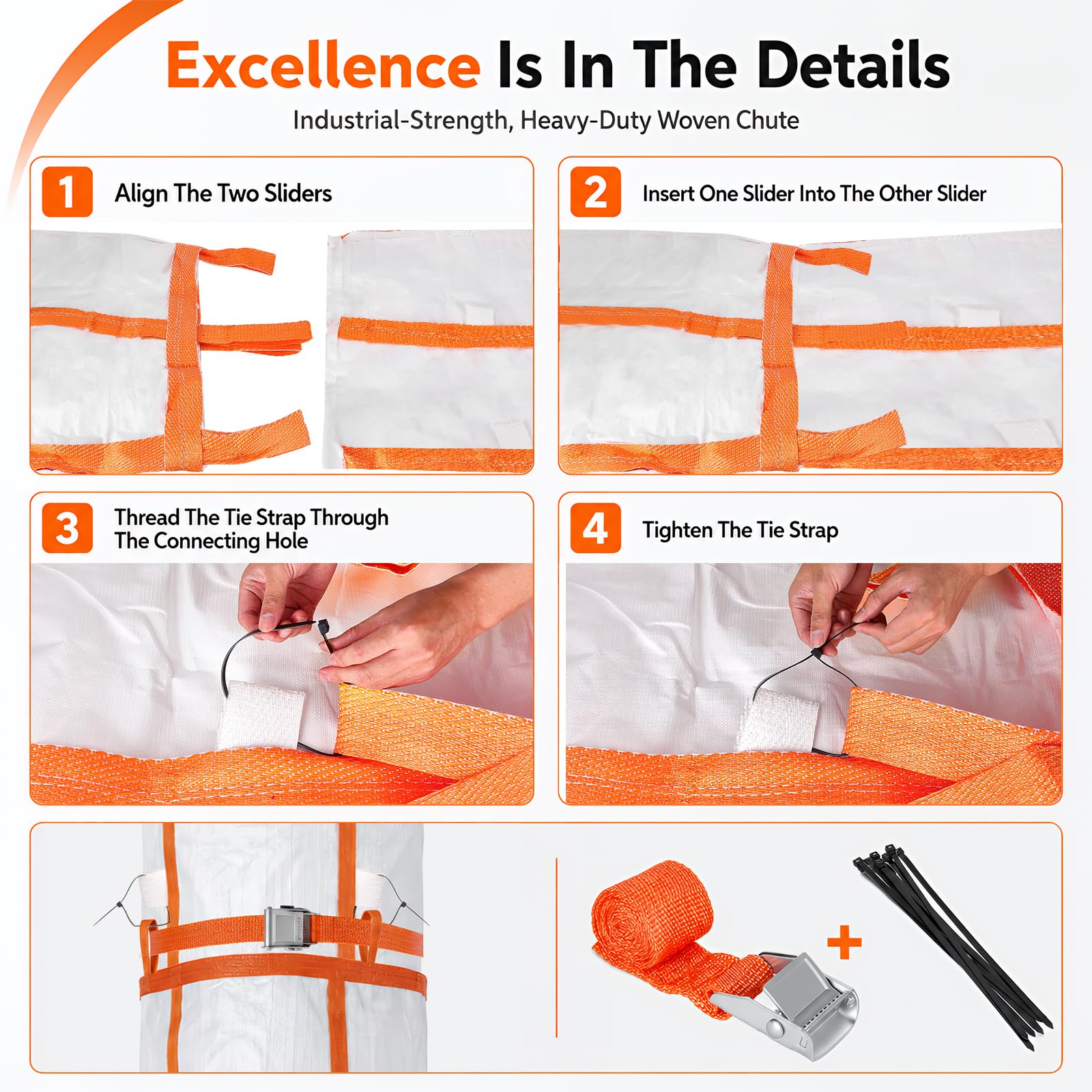 Canal de Residuos de Obra 3 Unidades 3m Polipropileno Resistente, Tubo de Escombros Apilable Plegable para Reforma y Demolición, Kit Completo con Correas y Bridas