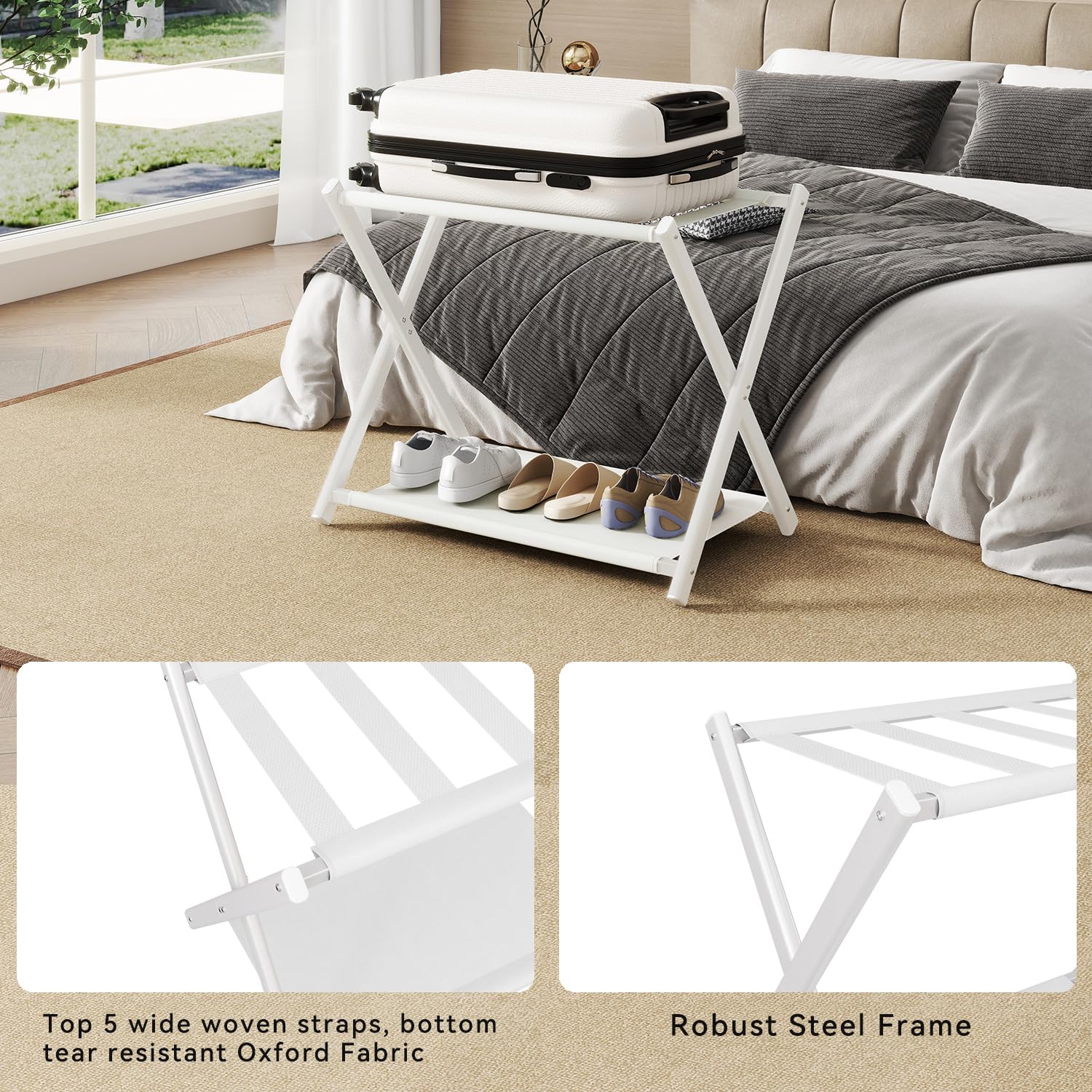 IBUYKE Luggage Rack Foldable Suitcase Stand with Storage Shelf White