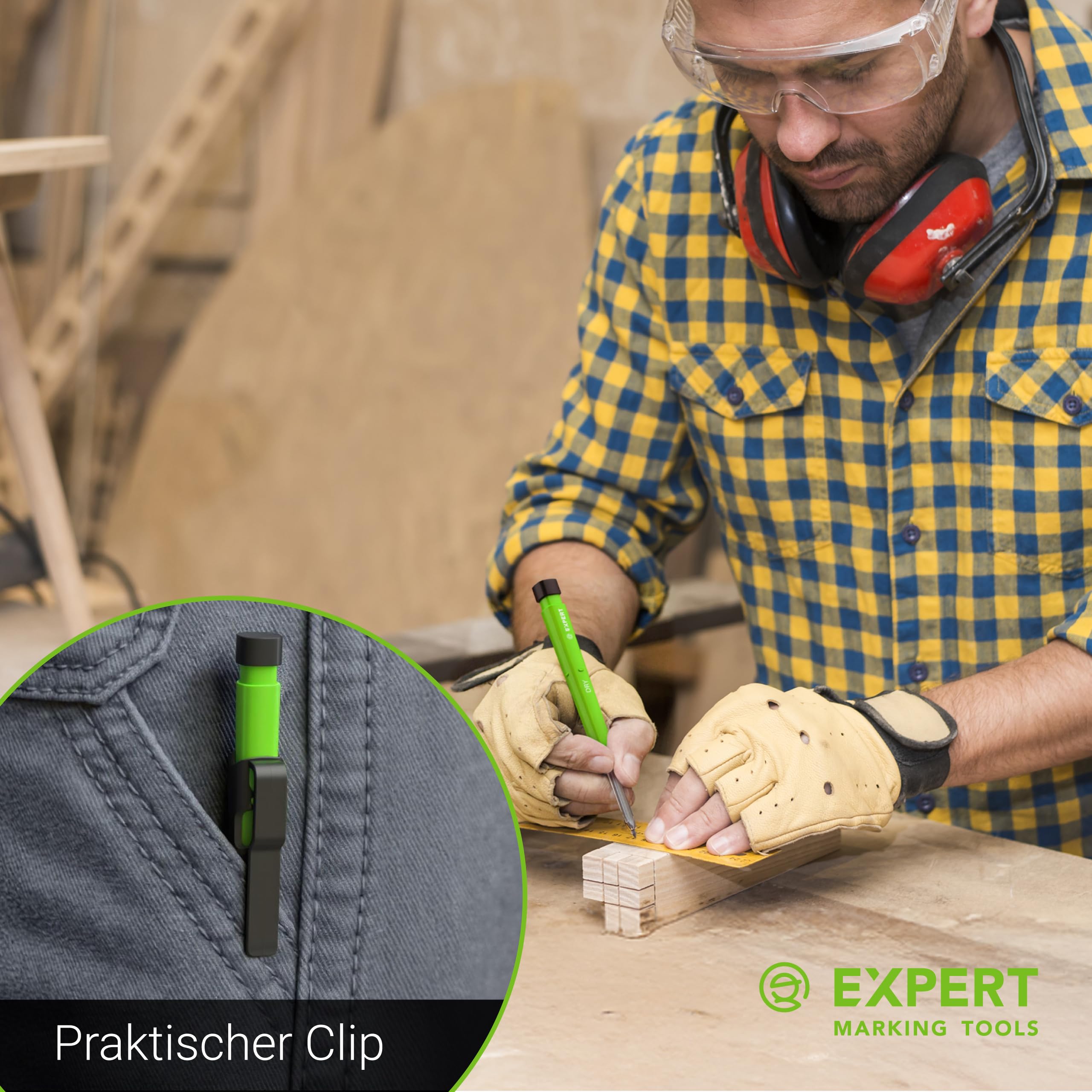 EXPERT DRY Zimmermannsbleistift inkl. 11 Minen | Mit integriertem Spitzer | Nachfüllbarer Tieflochmarker mit Graphit-Minen-Set | Handwerker Bleistift für Holz, Glas oder Metall | Bleistift Baustelle
