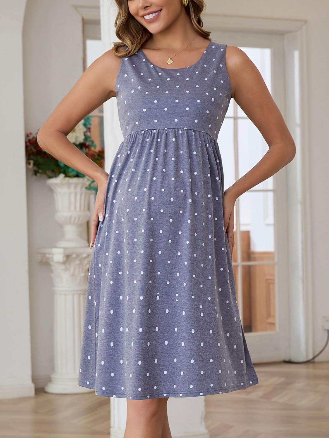 Ecavus Womens Maternity Tank Dress Stripe Color Block Sleeveless Knee Length for Baby Shower - Image 3