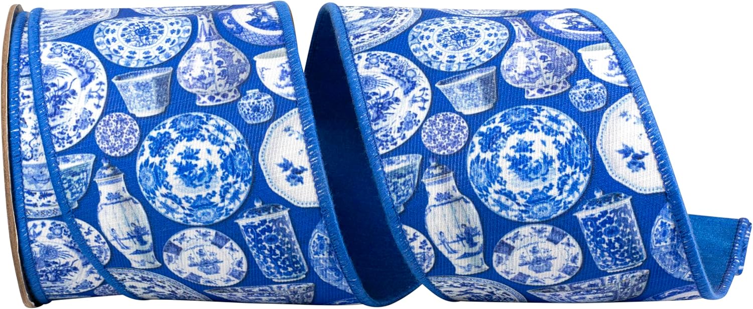 Reliant Ribbon Terra Cotta Ceramics Chinoiserie Twill Deluxe Dupioni Backed Wired Edge, Porcelain Blue, 4 Inch, 10 Yards