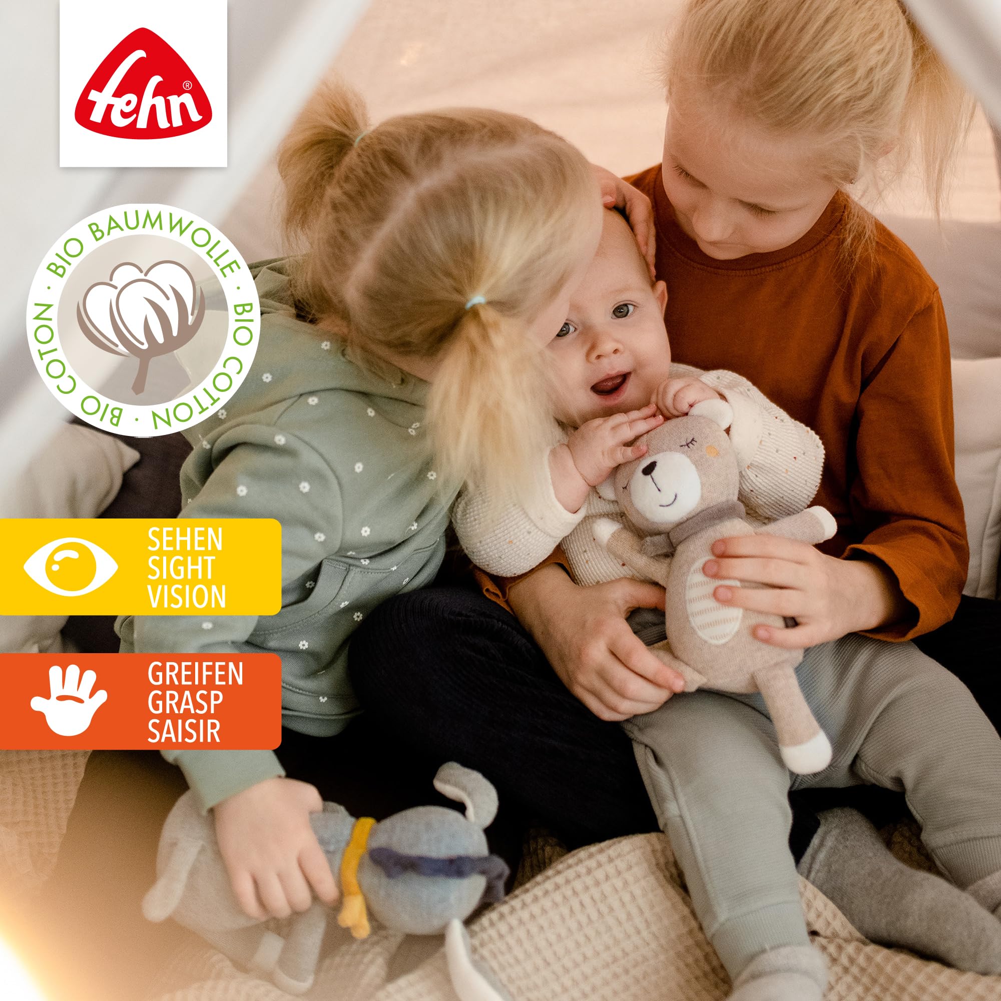 Fehn FehnNATUR - Peluche douce pour nouveau-né comme aide au sommeil - Peluche pour bébé à saisir, sentir et câliner - Peluche en coton biologique (kba) pour bébés et enfants