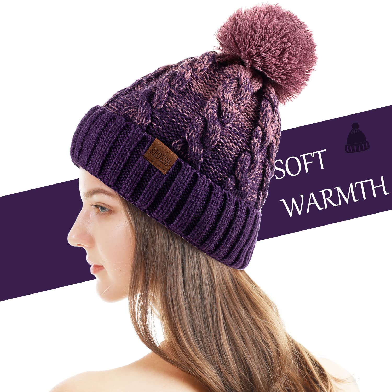 REDESS Cappello Invernale da Donna con Pom Pom Beanie Caldo Foderato in Pile Spesso Slouchy Snow Knit Chunky Baggy Skull Berretto da Sci