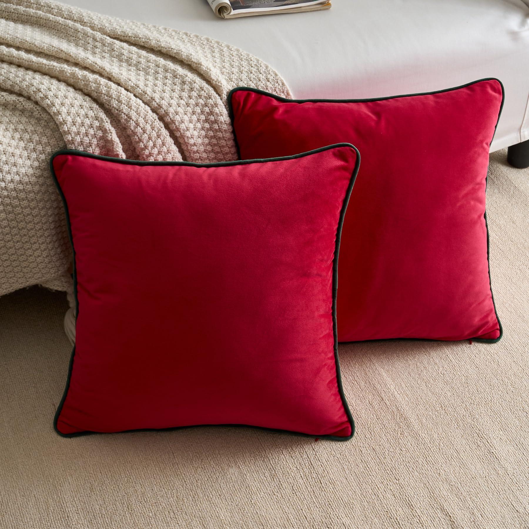 LIGICKY Set of 2 Red Velvet Throw Pillow Covers Modern Minimalist Style Solid Decorative Dark Green Rope Edging Soft Square Cushion Cases for Sofa Bedroom Party Christmas Décor - Image 2
