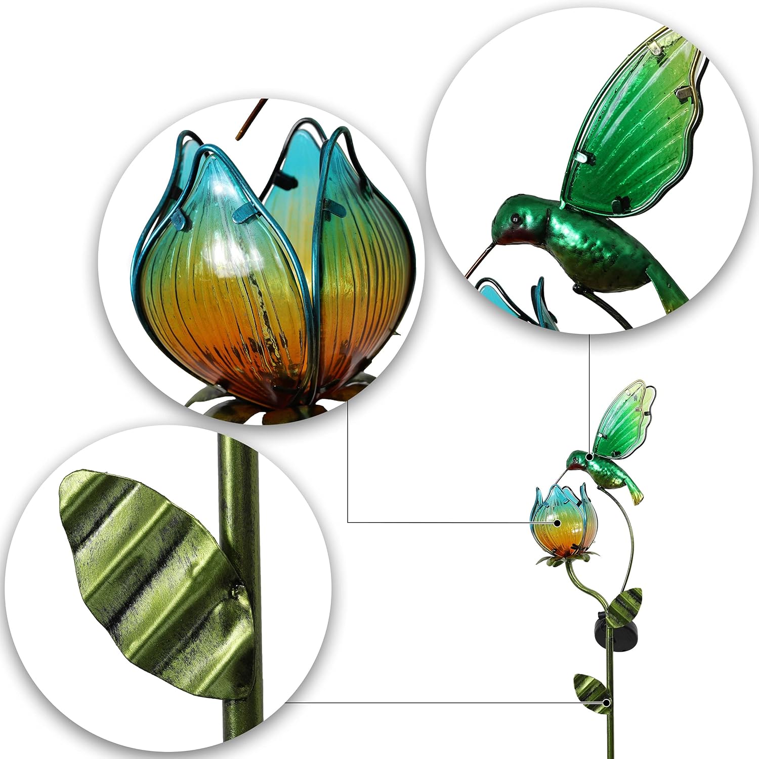 TERESA'S COLLECTIONS Glass Tulips Metal Garden Stake with Solar Lights(2 pcs), Flower and Birds Solar Powered Lawn Ornaments for Outdoor Patio Yard Decorations