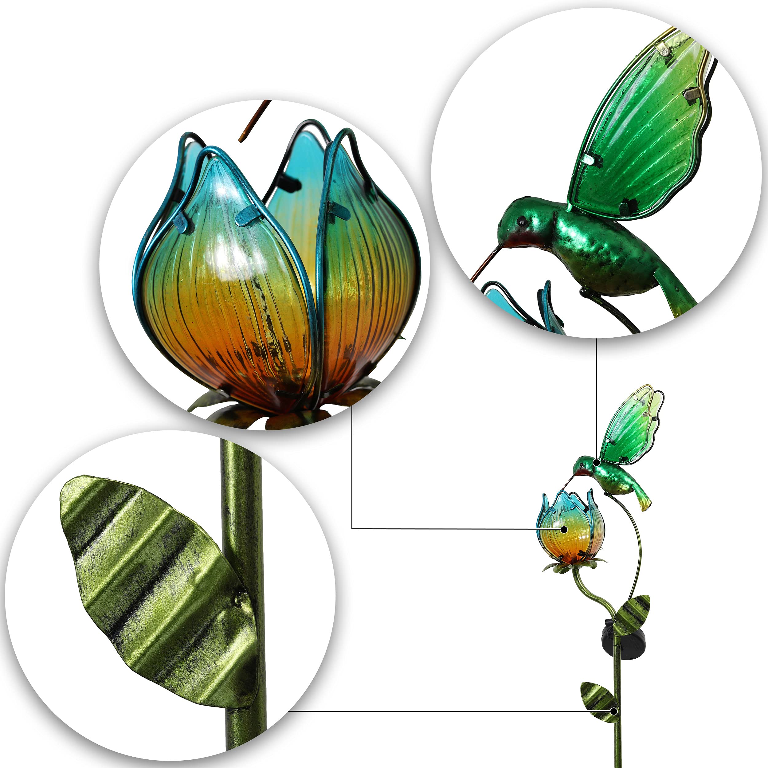 TERESA'S COLLECTIONS Lampe Solaire Exterieur Jardin,Decoration Jardin Exterieur, Lumière Solaire Colibri et Fleurs Métal Verre Solaire LED Lumière Étanche, 97cm(M)