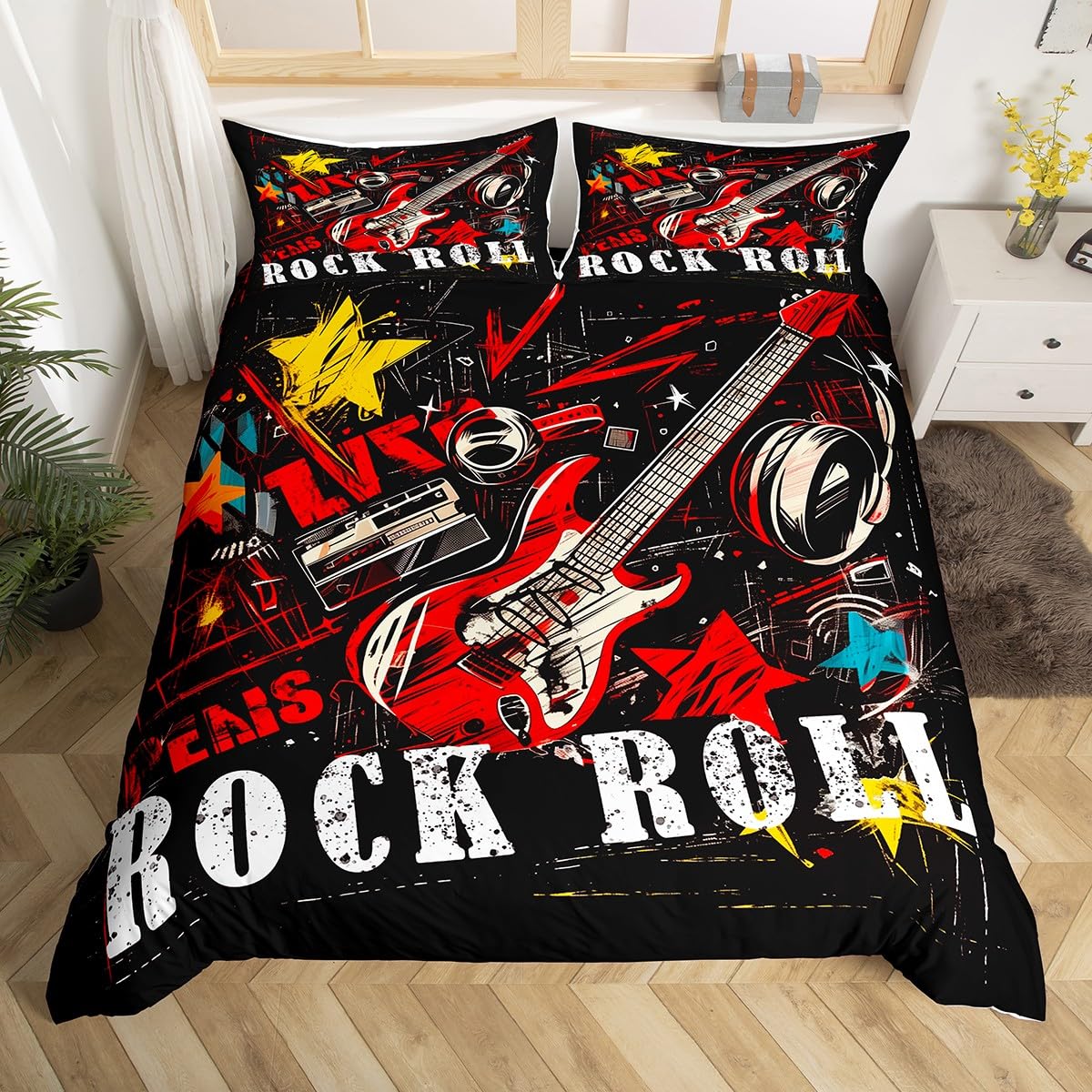 Manfei Rock Roll Kids Duvet Cover Set King Size, Fashion Guitar Headphone Bedding Set for Boys Girls Adults Bedroom Decor, Musical Theme Comforter Cover, Soft Polyester Quilt Cover, 2 Pillowcases — image 1