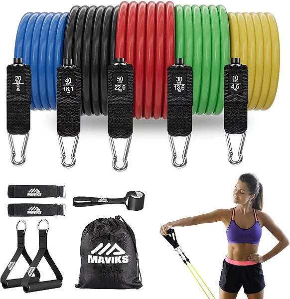 MAVIKS Exercise Resistance Bands for Working Out Set of 5 for Women and Men, Stretch Bands for Exercise, Physical Therapy, Arms Legs Workout, Stretching, Home Fitness