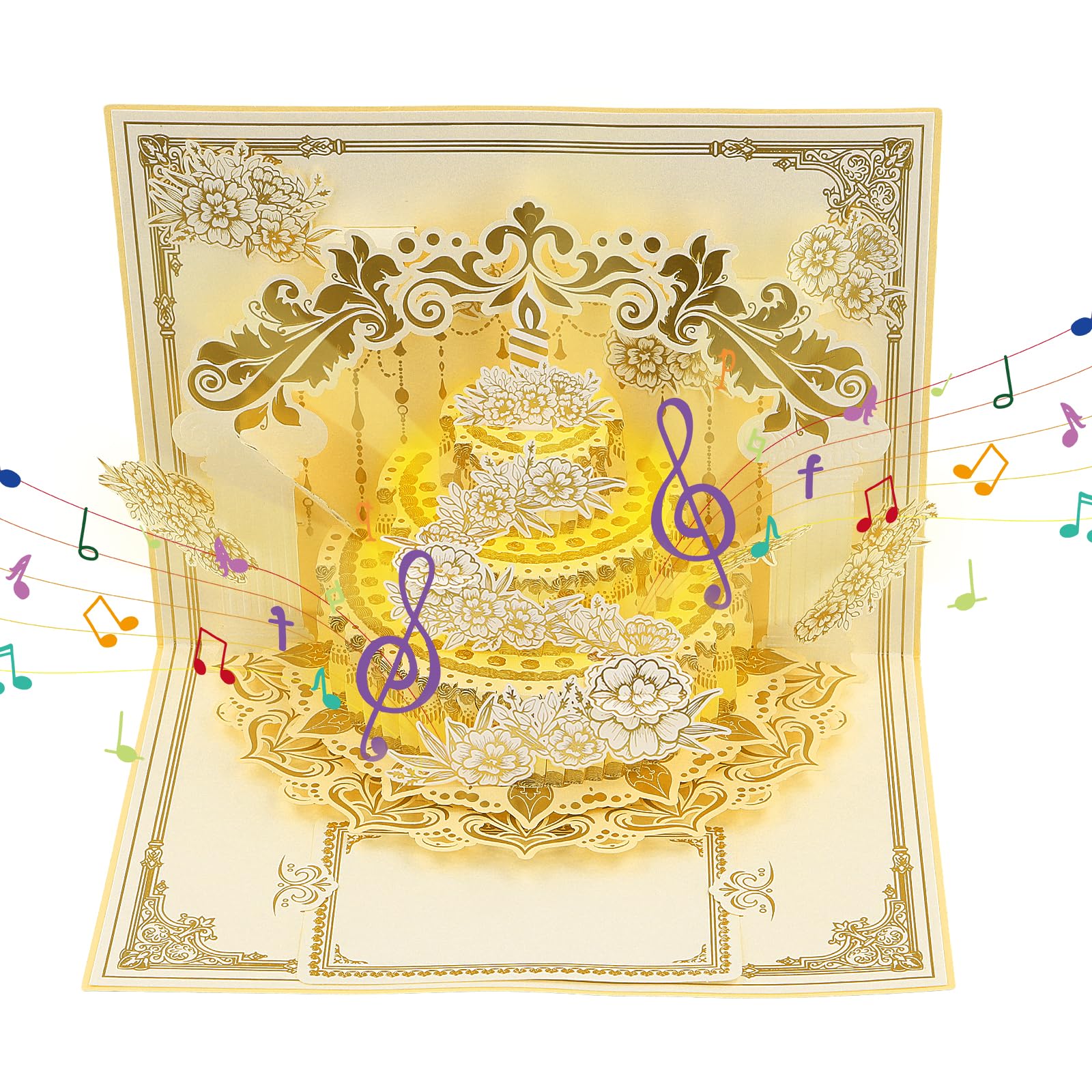 Biglietto Auguri Compleanno 3D con Musica e Luce - Pop Up Fiore Torta 20x15 cm