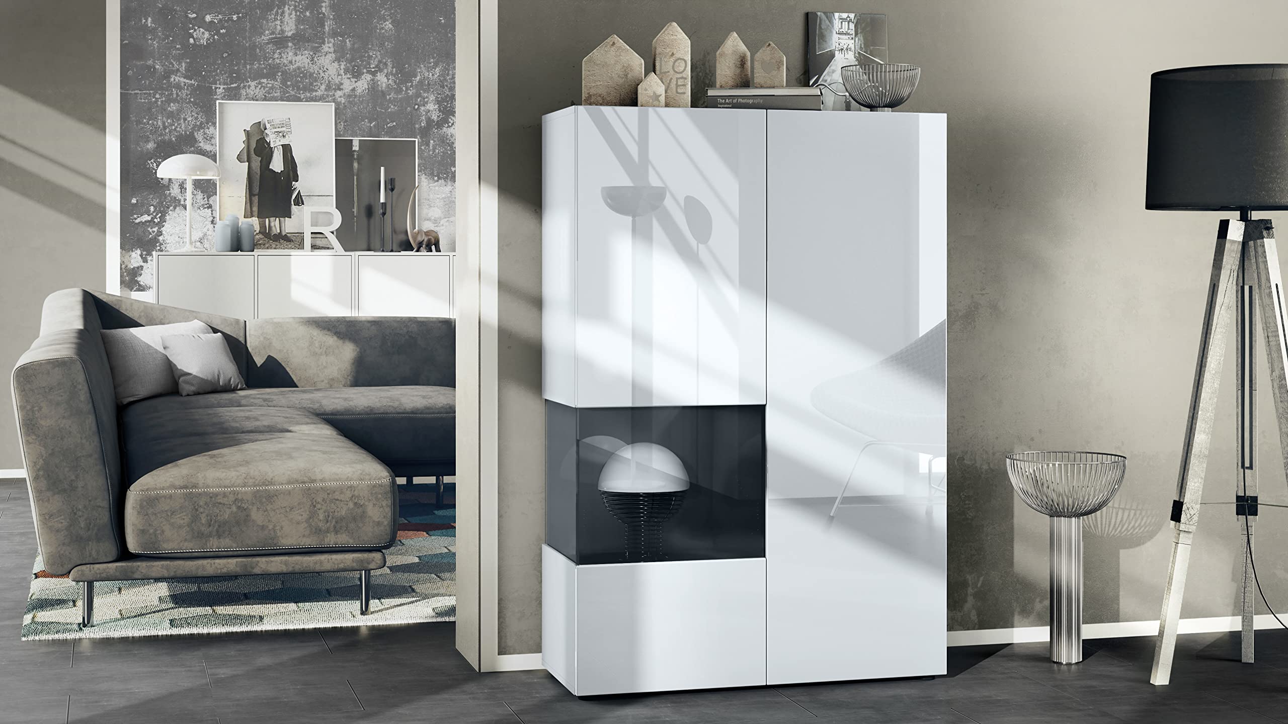 Vladon Vitrine Morena V2, Made in Germany, Standvitrine mit 2 Türen und Glaseinsatz, Korpus Weiß matt, Fronten Weiß Hochglanz, Cube Schwarz Hochglanz (91,5 x 136,5 x 37 cm)