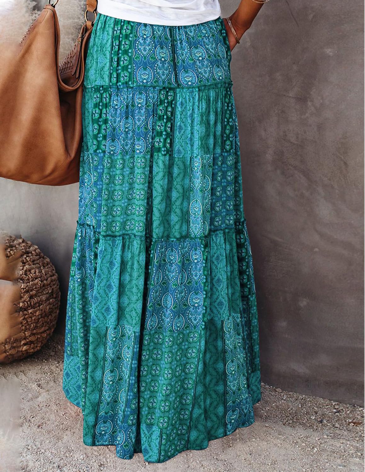 Femme Jupe Maxi Imprimé Robe 2 en 1 Taille Haute Elastique Casual Jupe de Plage Boho Fleurs Été