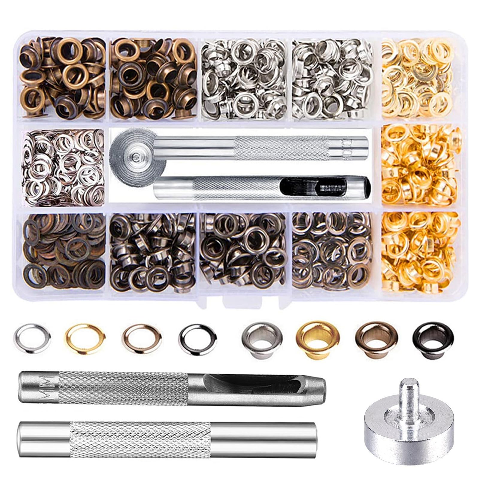 レザークラフト 工具 ハトメキット 4種色200組 5mm 両面ハトメキット 底鋲 打ち具セット 穴あけ 打ち具 パーツ DIY 手作り ハンドメイド ベルト 布革細工 靴 収納ケース付き