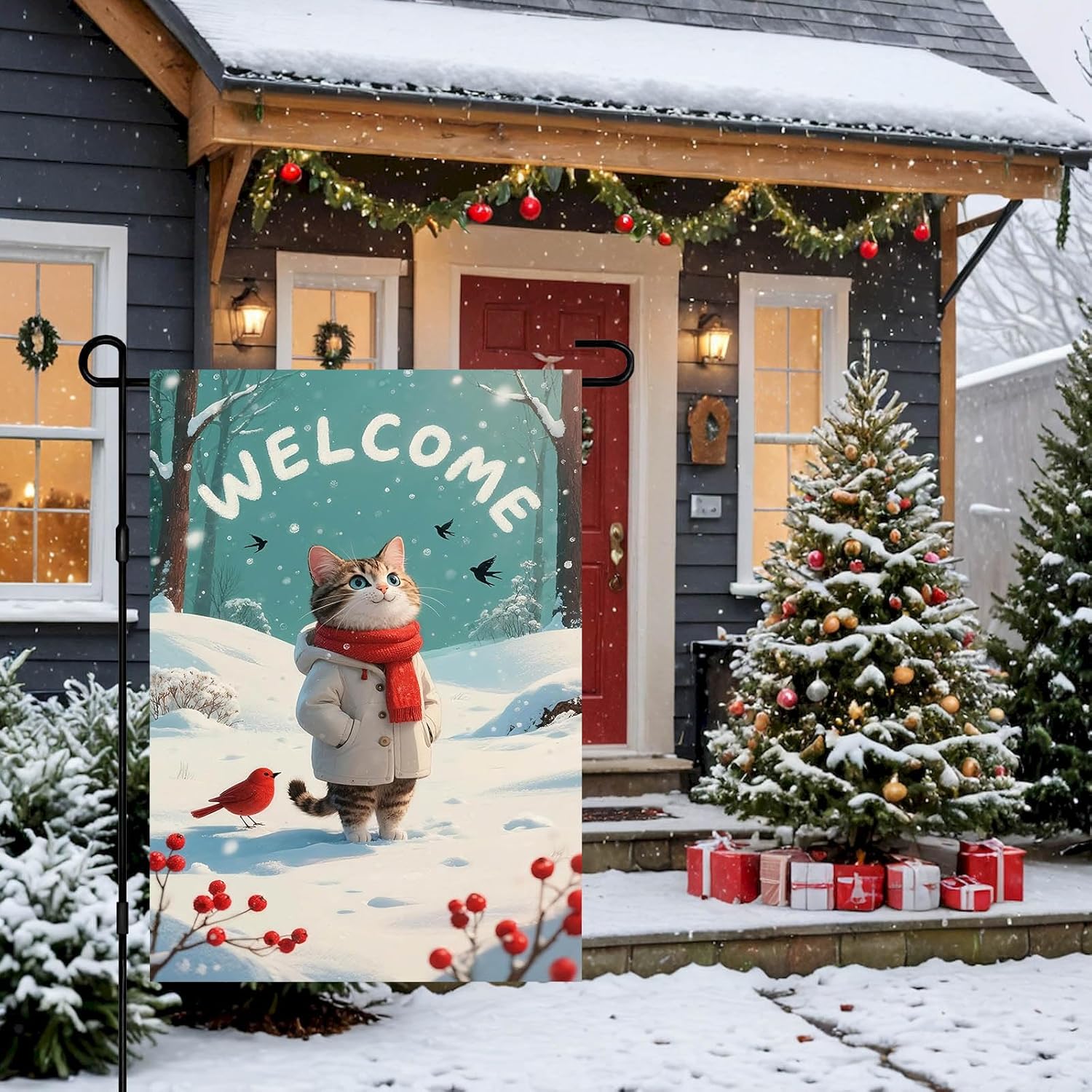 IVN Winter Welcome Garden Flag 12x18 Inch Tabby Cat in Beige Coat Red Scarf with Snowfall Pine Trees and Red Berries Flag Double Sided Outdoor Yard Banner for Porch Lawn Patio Decor Christmas - Image 2