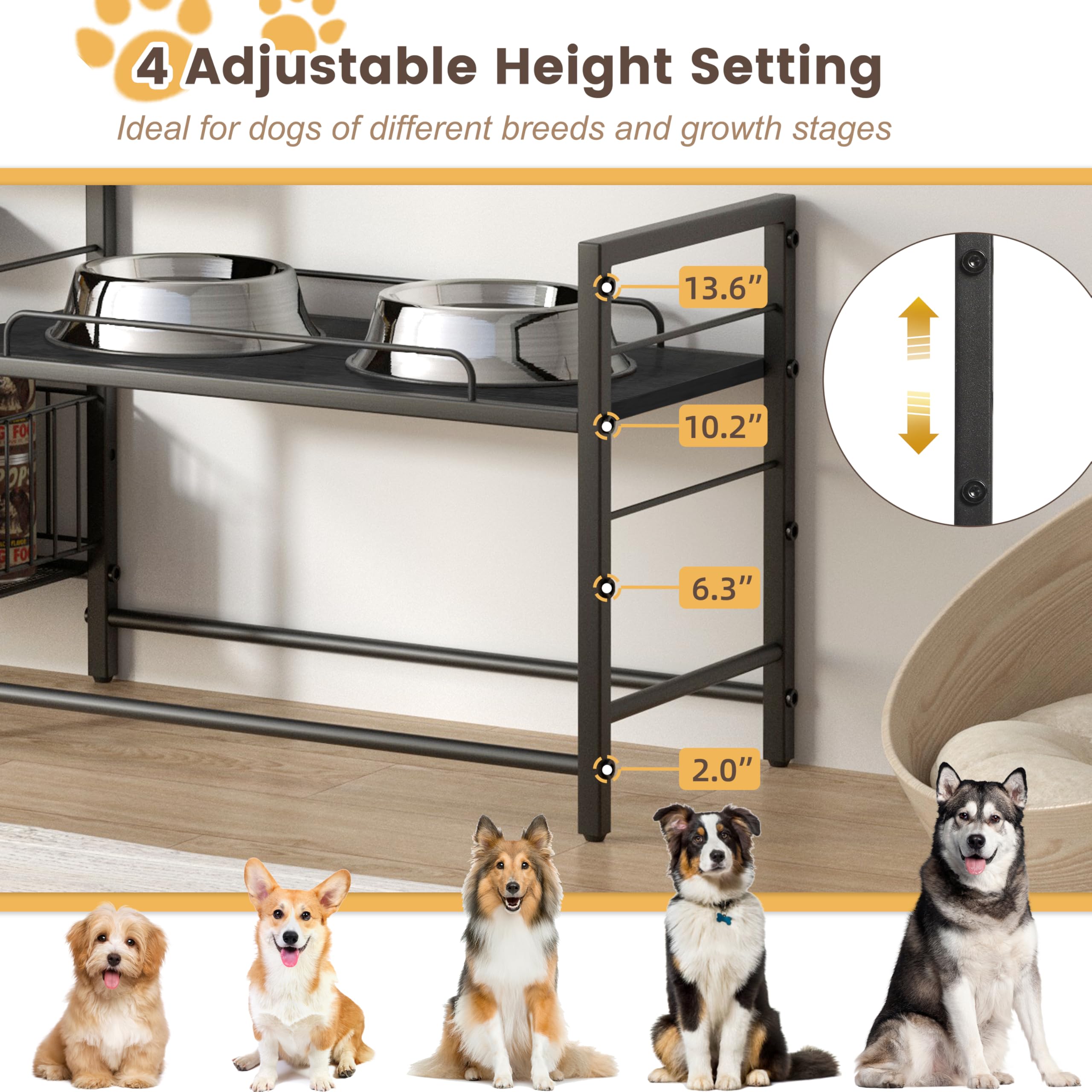 Support de gamelle surélevée pour chien avec 2 stations d'alimentation, armoire d'alimentation surélevée réglable avec panier à jouets, support de bol de nourriture et d'eau soulevé, organisateur de