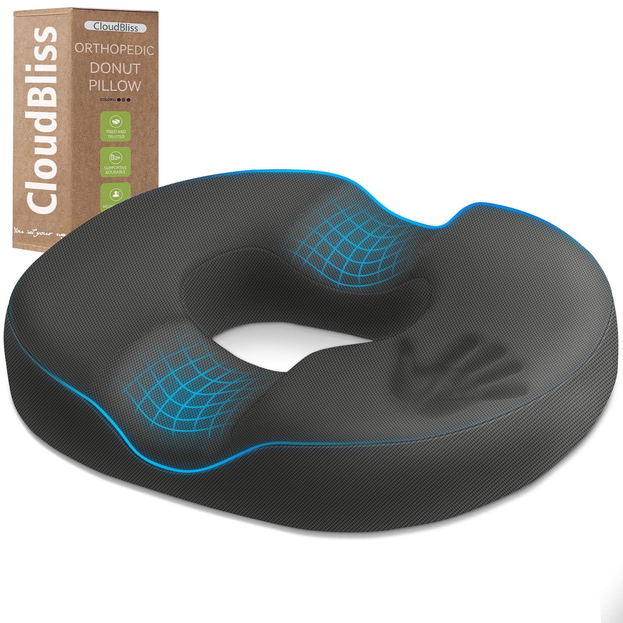 CloudBliss Donut Pillow Stadium Seat Cushion for Tailbone Pain Relief and Hemorrhoids, Memory Foam Seat Chair Cushion, Portable Seat Cushions for Bleachers, Car, Home &amp; Office