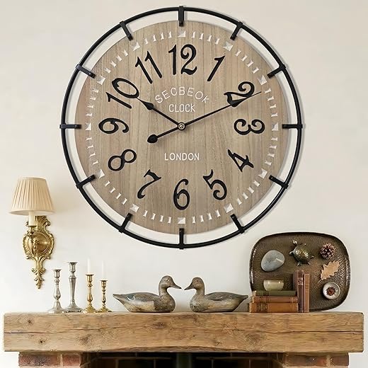 24 Inch Large Farmhouse Wall Clock, Metal Rustic Wood with Silent Quartz Movement, Easy Read Arabic Numerals, Battery Powered Round Decorative Wall Clock for Living Room Bedroom Kitchen Office