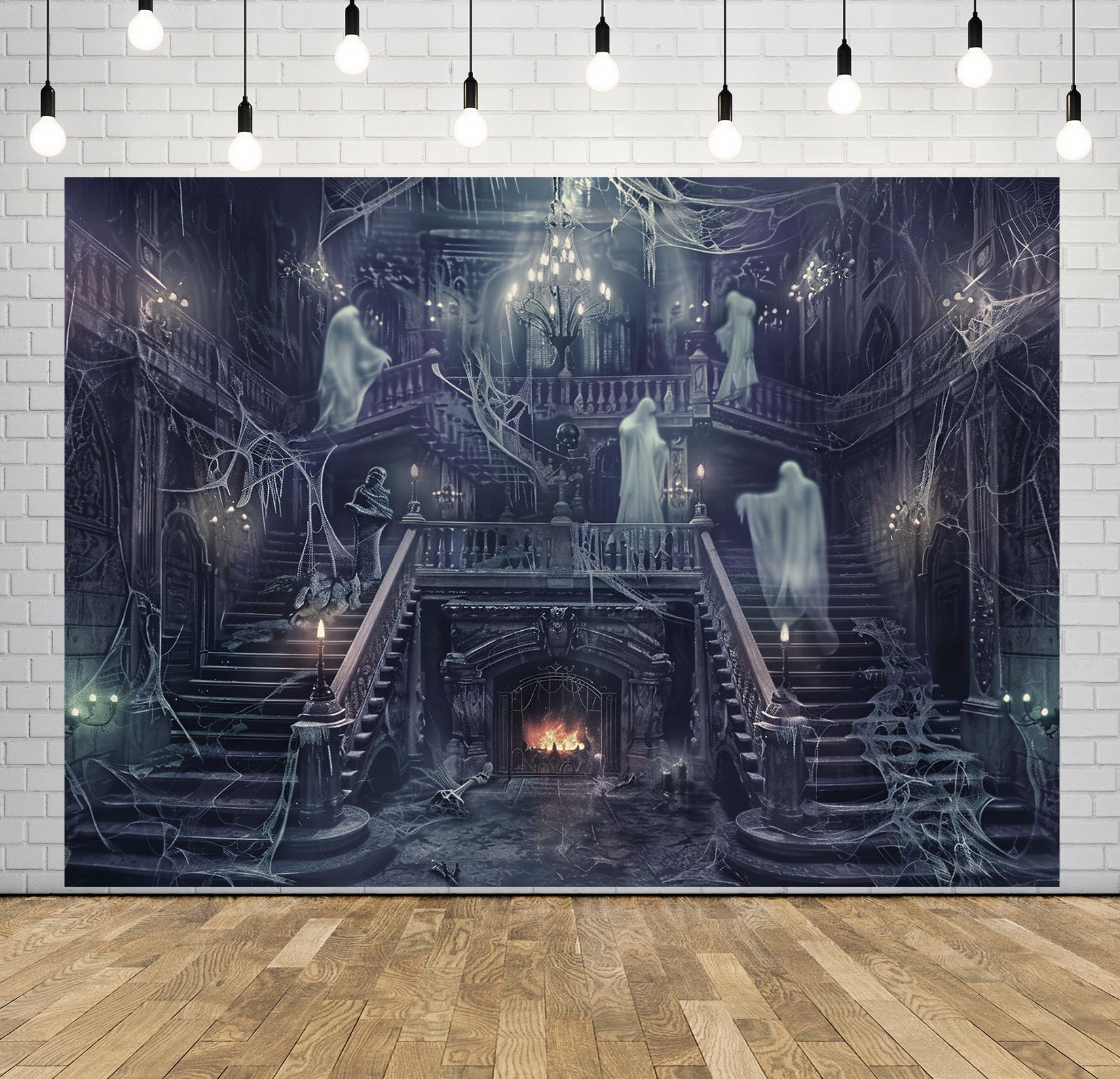12x10FT (3.6x3m) Scala Grigia Di Palazzo Abbandonato Fondale Fotografico | Residenza Infestata Polverosa Sfondo In Tessuto,Fantasmi Ragnatele Ringhiere E Camino,Halloween,Photo Booth