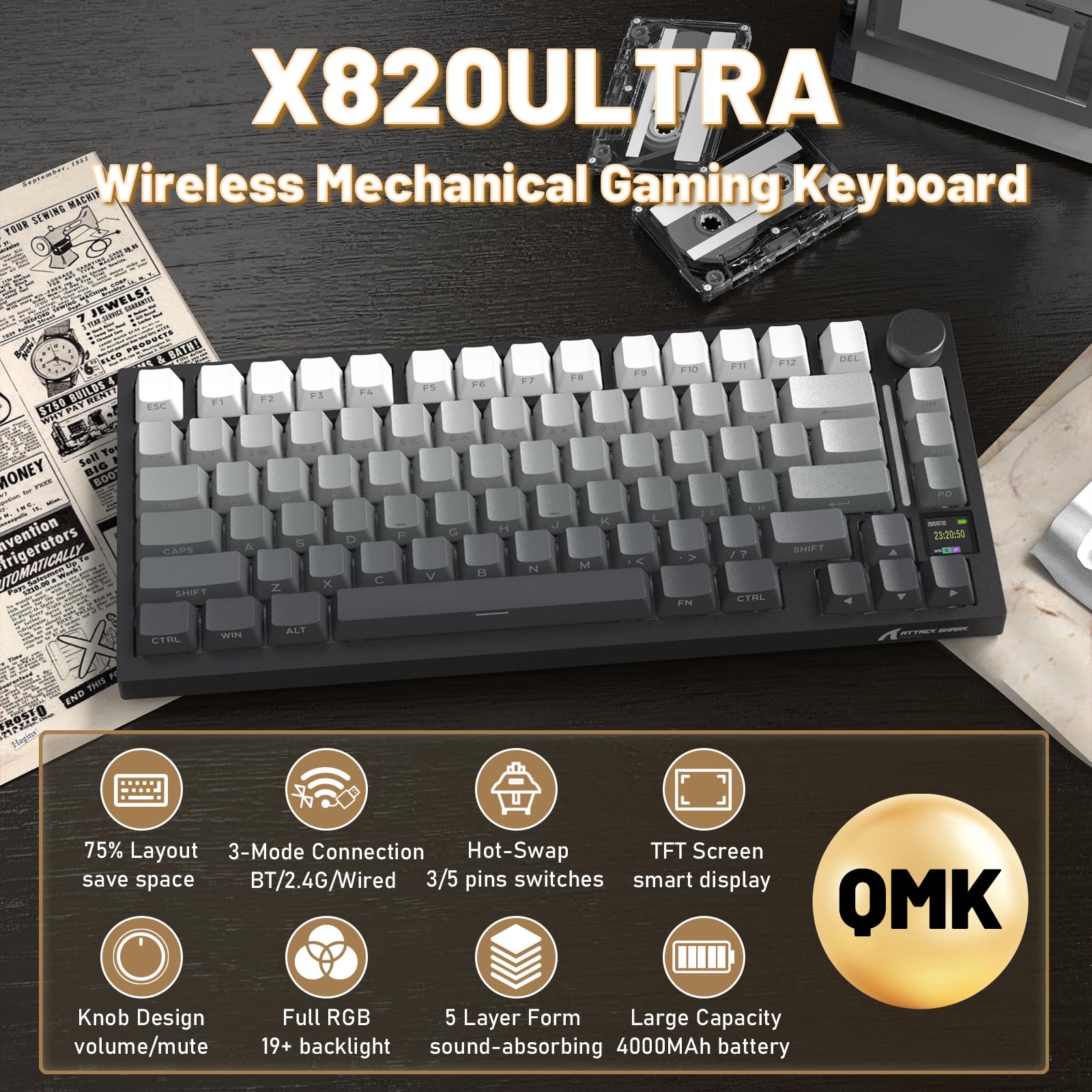Attack Shark X820Ultra Wireless 75% Mechanical Gaming Keyboard with Screen & Knob Hot Swappable 2.4GHz/BT/Wired RGB Backlit Gasket Mount Side Print PBT Keycap QMK Web Driver Gift Switch-Moonnight