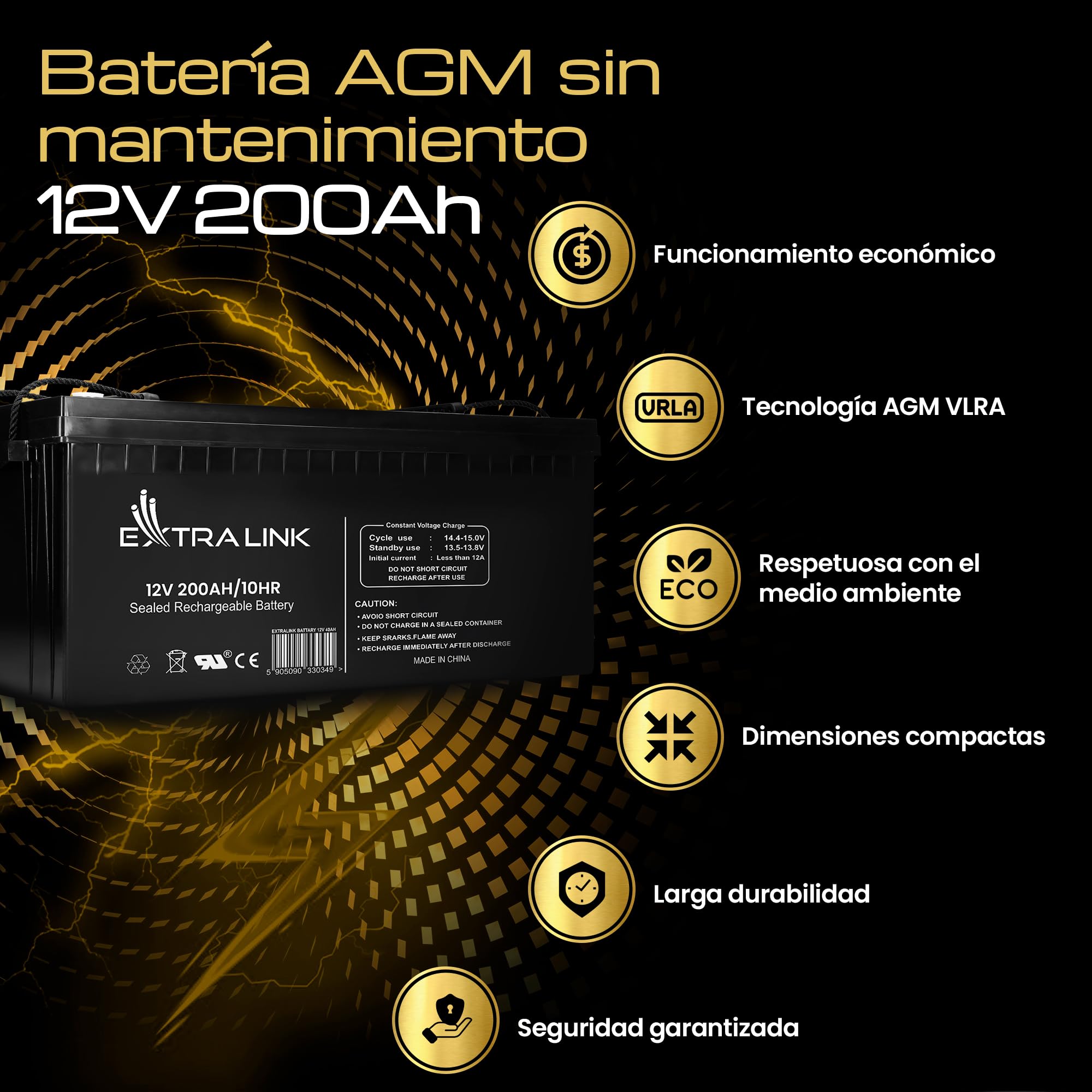 EXTRALINK Batería AGM 12V 200Ah - sin mantenimiento, sellada, de ciclo profundo - batería de larga duración para solar, autocaravanas, SAI, sistemas autónomos y batería coche