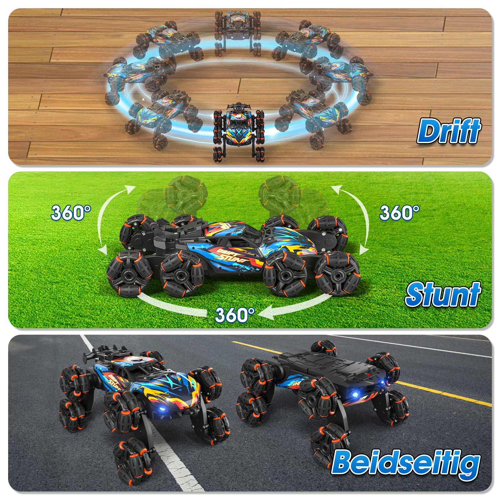 Ferngesteuertes Auto, 8WD RC Drift mit Handsteuerung, RC Stunt mit LED Licht, Musik und Spray, Ferngesteuertes Spielzeug Geschenk ab 3 4 5 6 7 8 9 10 11 12 Jahre Jungen, Coole Auto Kinder Spielzeug