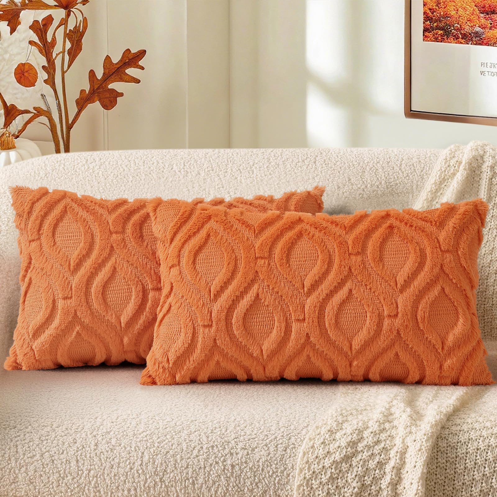 decorUhome Faux Fur Plush Soft Orange Throw Pillow Covers 12x20 Set of 2