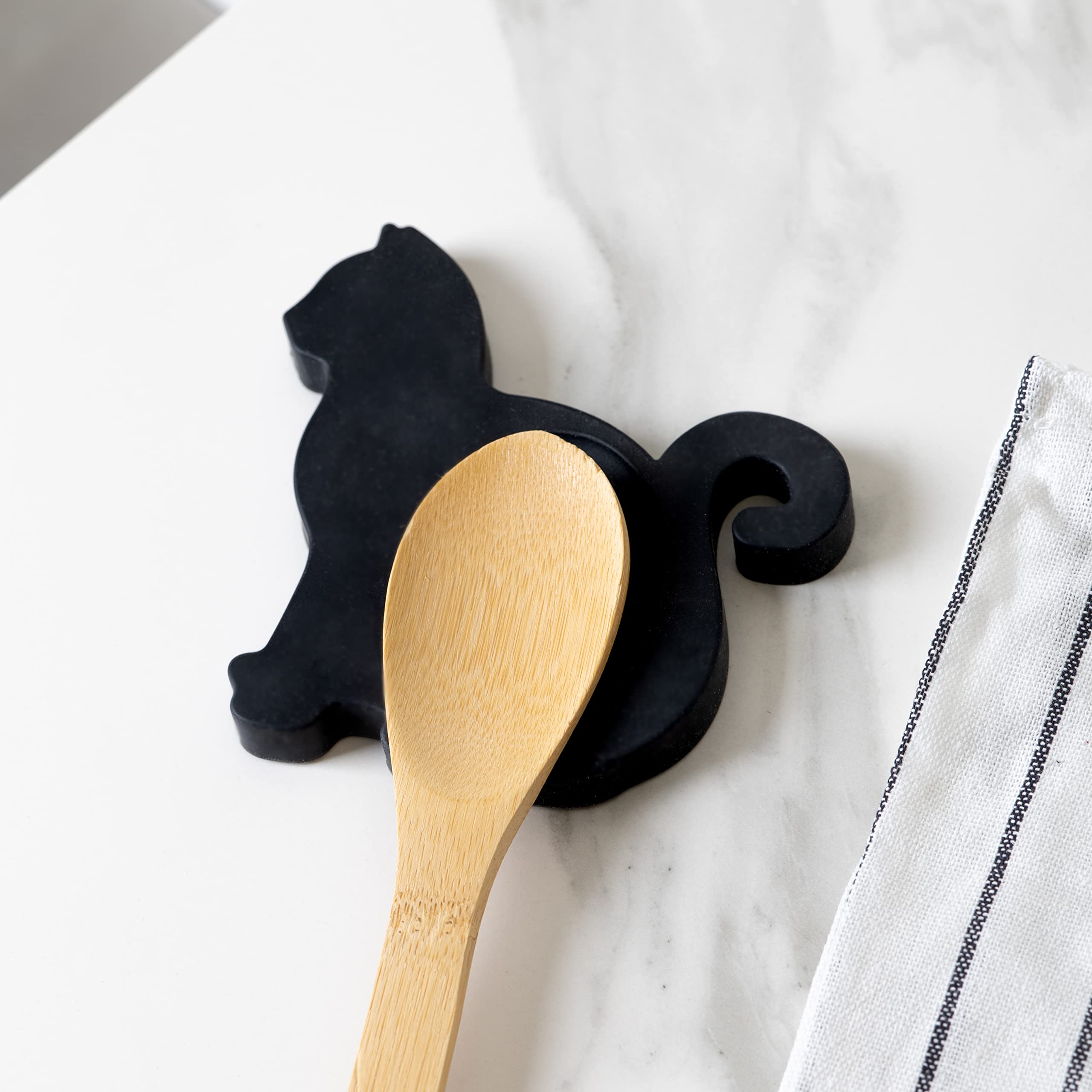 FISURA - Originale poggia-cucchiaio a forma di gatto. Poggia cucchiaio in silicone. Portautensili nero. 12x12 centimetri.