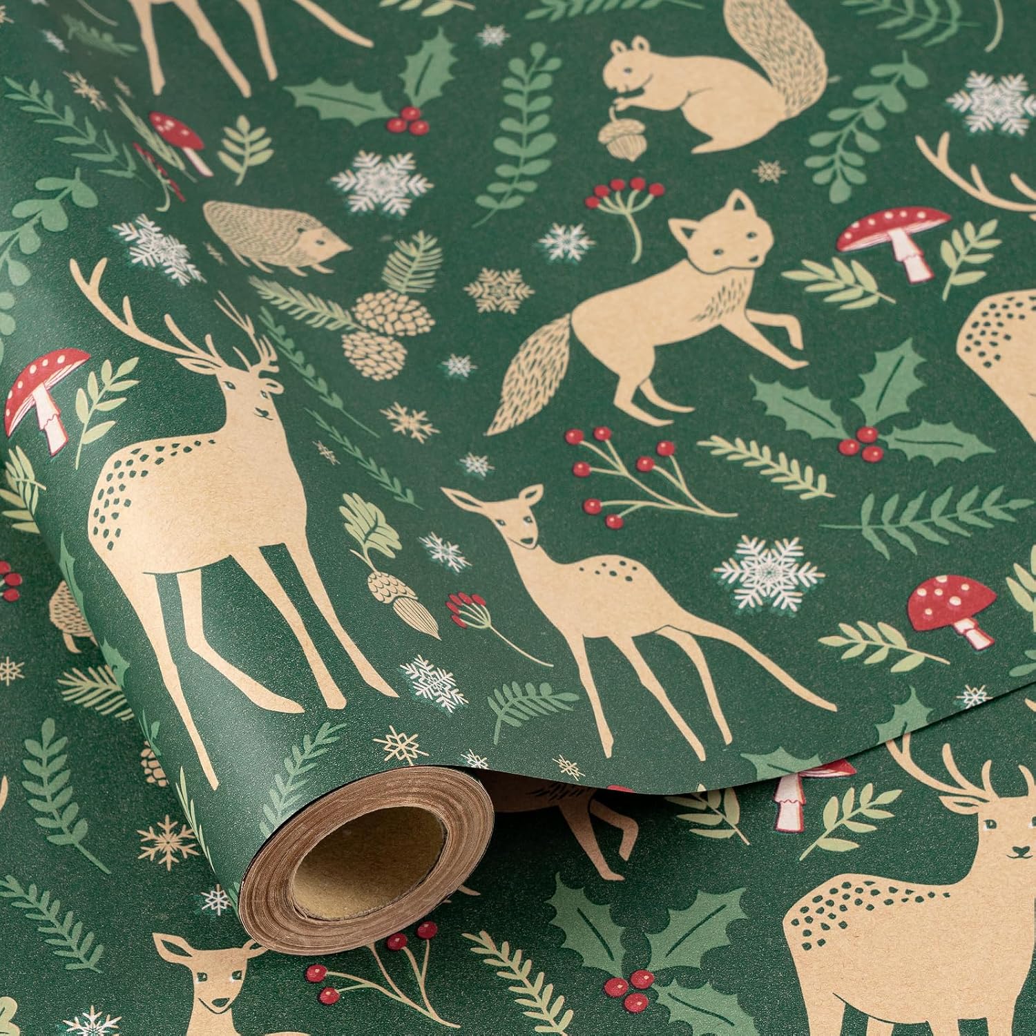 RUSPEPA Kraft Christmas Wrapping Paper Roll, Jumbo Roll, Green Woodland Animal and Snowflake Design, Rustic Kraft Gift Wrap for Christmas, Holiday and Winter Party, 30 Inches x 32.8 Feet