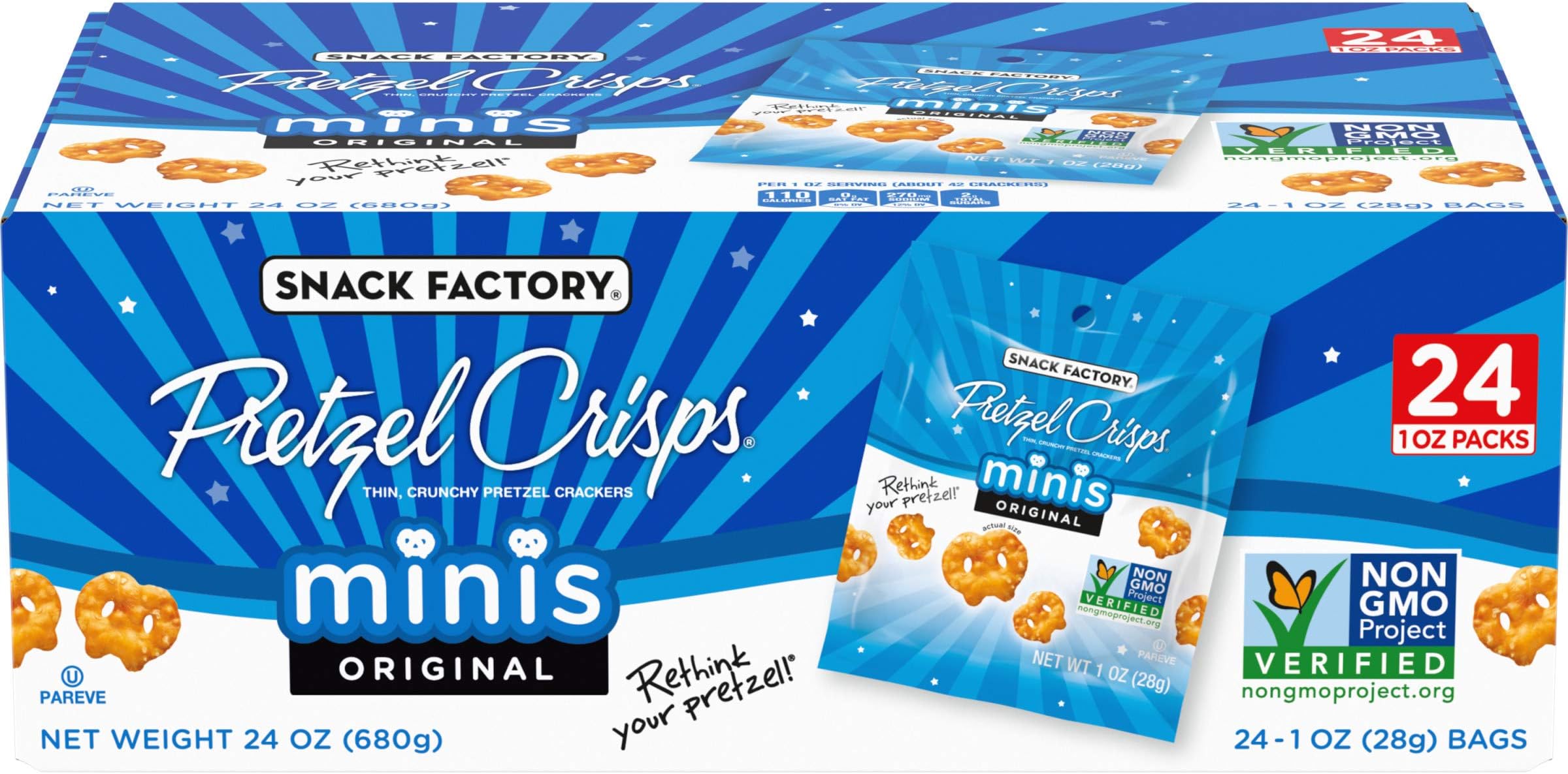 Snack Factory Pretzel Crisps Minis Original Flavor, Snack Packs Individual Sized, 24 Count