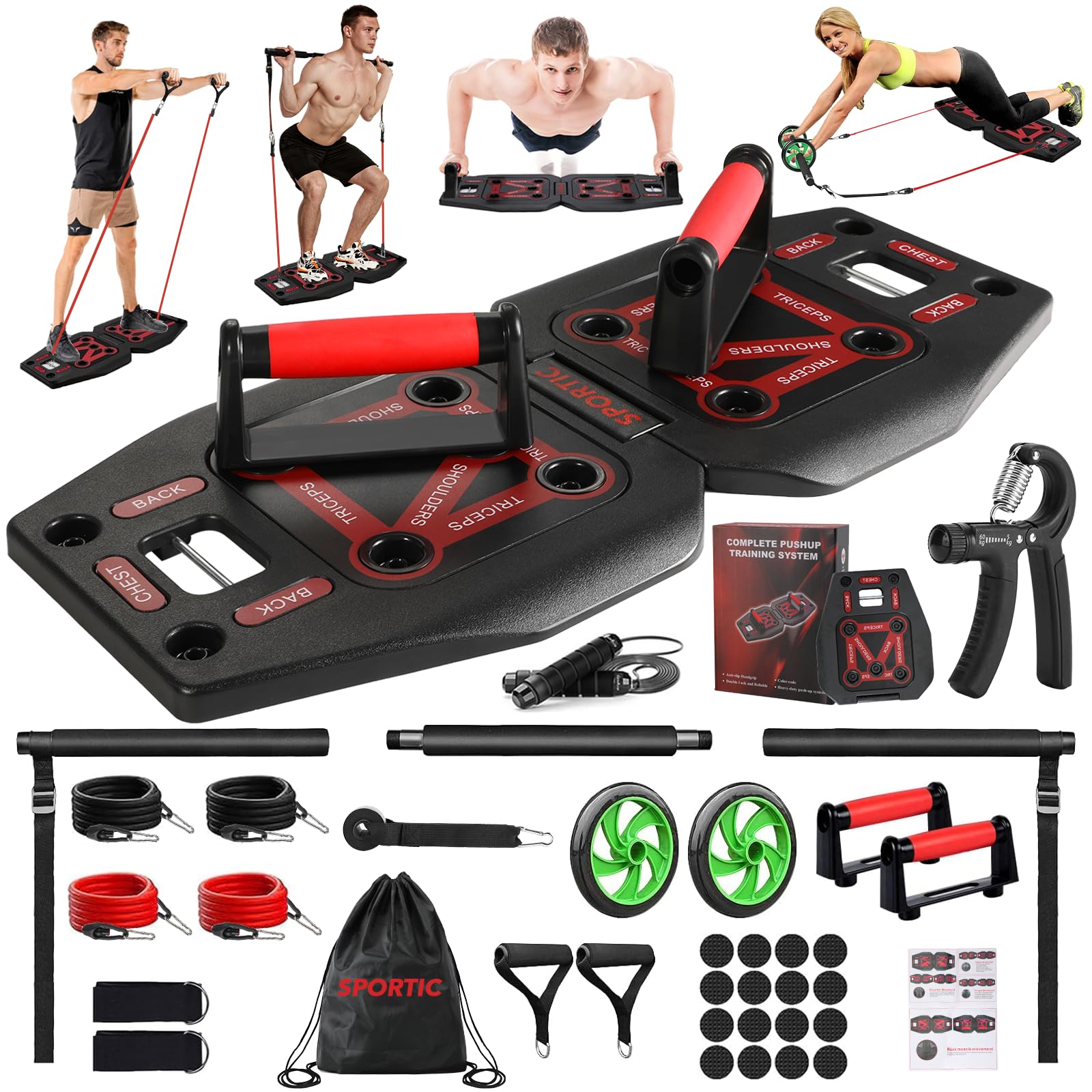 Push Up Board for Home Gym with Exercise Accessories Resistance Bands & Ab Roller Wheel & Pilates Bars - Portable Gym with Foldable Pushup Board - Exercise Equipment for Upper Body Workout, Gift for Women & Men
