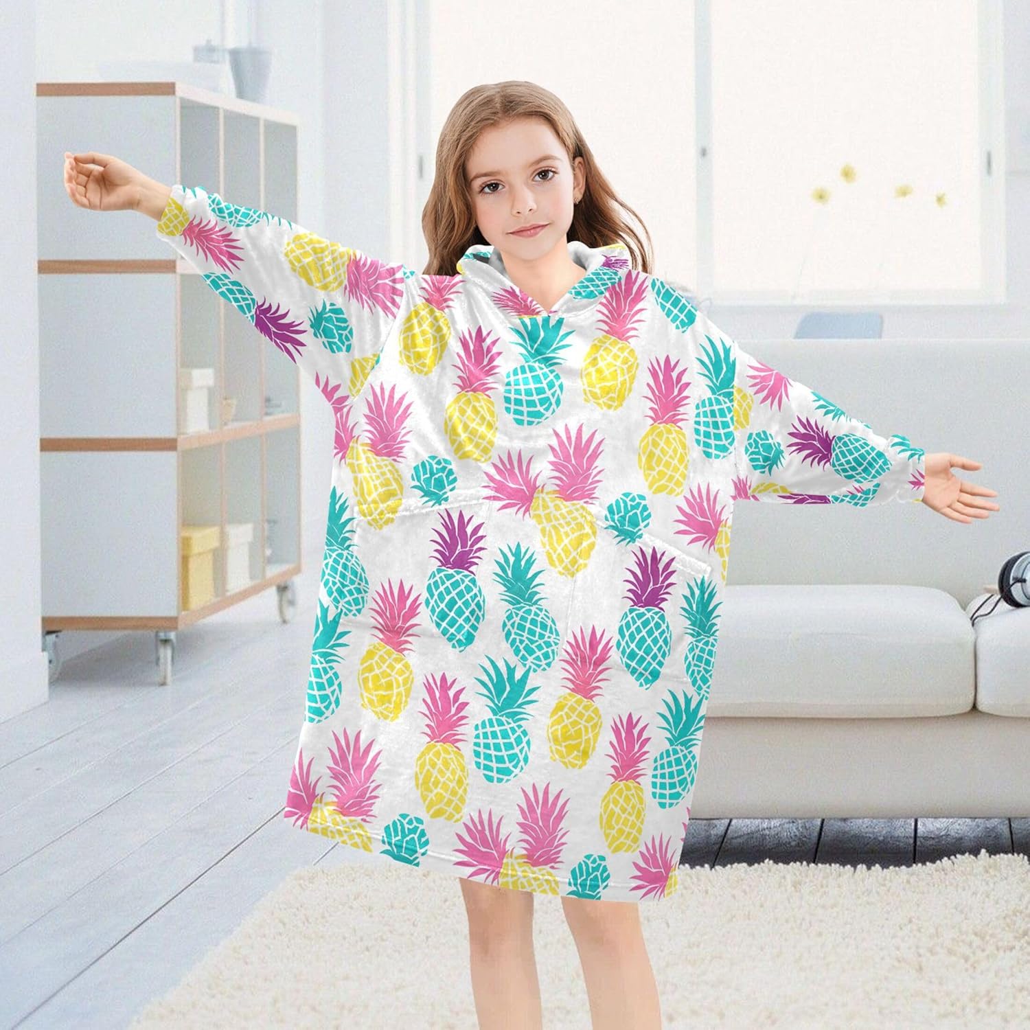 Pineapple Fruit Summer Kids Wearable Blanket Hoodie with Pocket and Sleeves for Toddlers, Cute Hoodies Girls B0403886